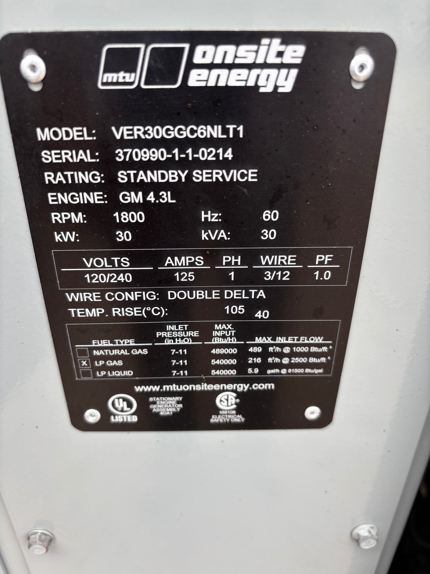 MTU 30kw Generator Natural Gas/Propane ONLY 344 Hours