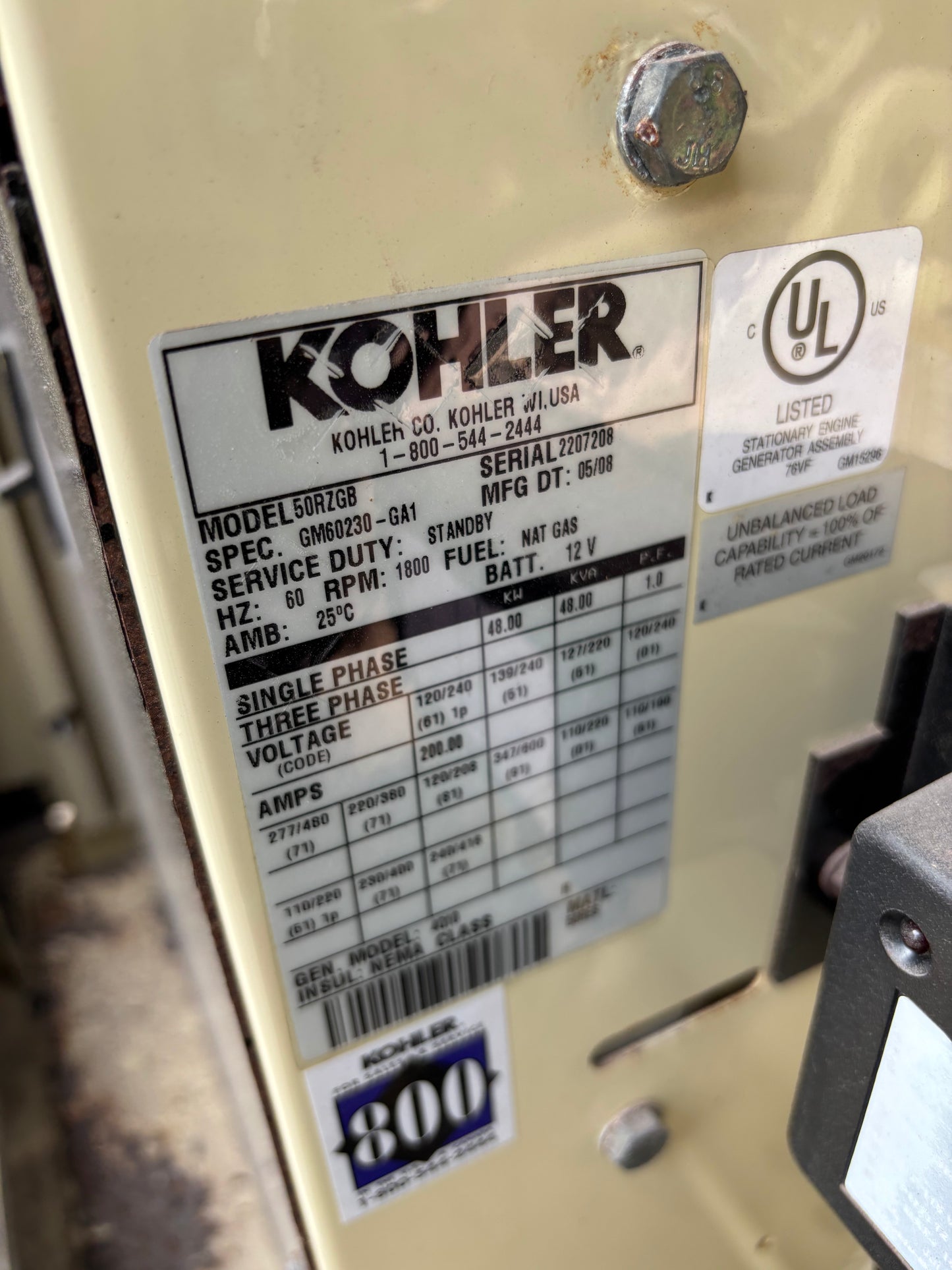 Kohler 48kw Generator Natural Gas/Propane 109 Hours