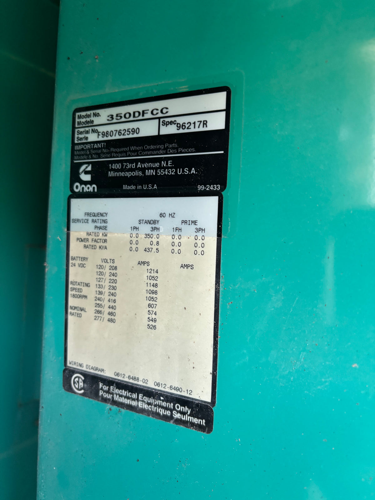 Cummins 350kw 437kva Diesel Generator 797 Hours