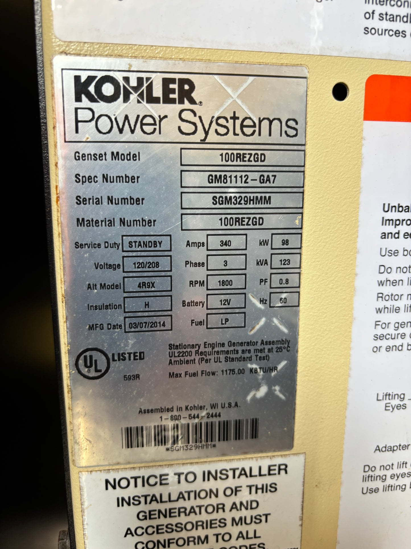 Kohler 98kw 123kva Natural Gas Generator 305 Hours