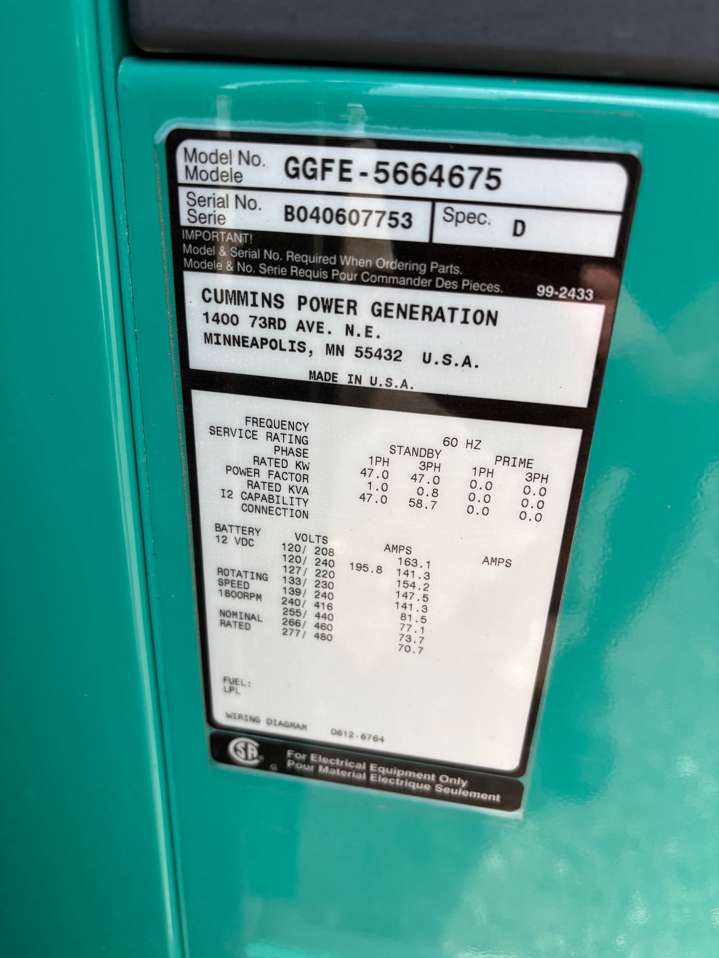 Cummins 47kw Natural Gas/Propane Generator 560 Hours