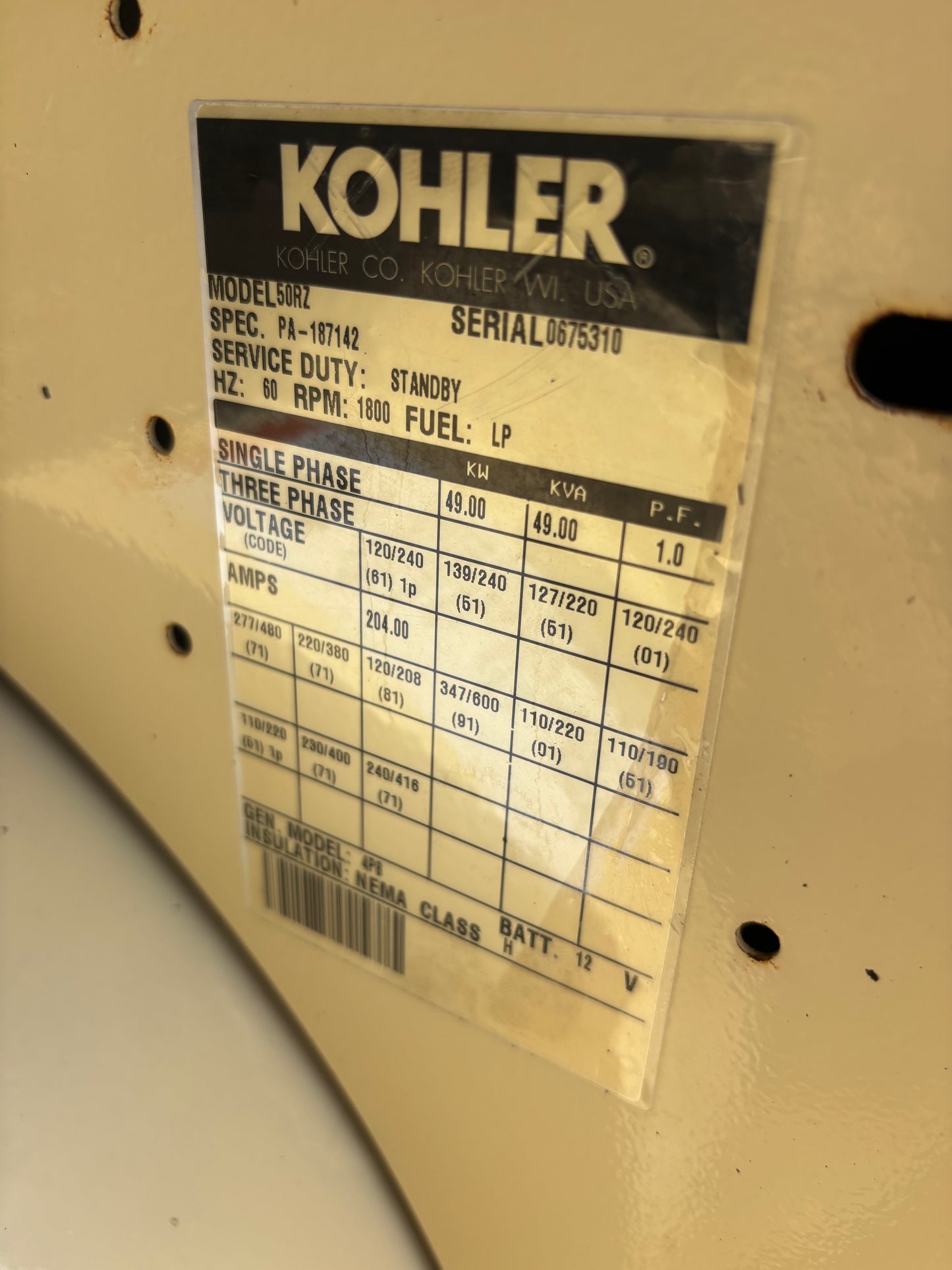 Kohler 49kw Natural Gas/Propane Generator