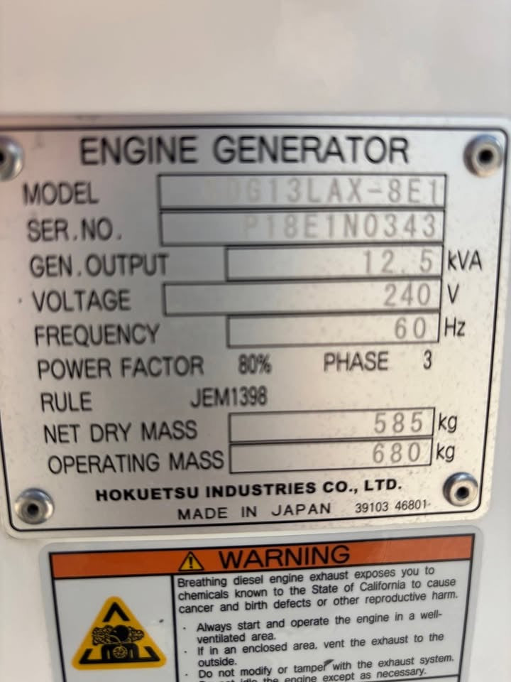 2022 Airman 10kw 12.5kva Diesel Generator