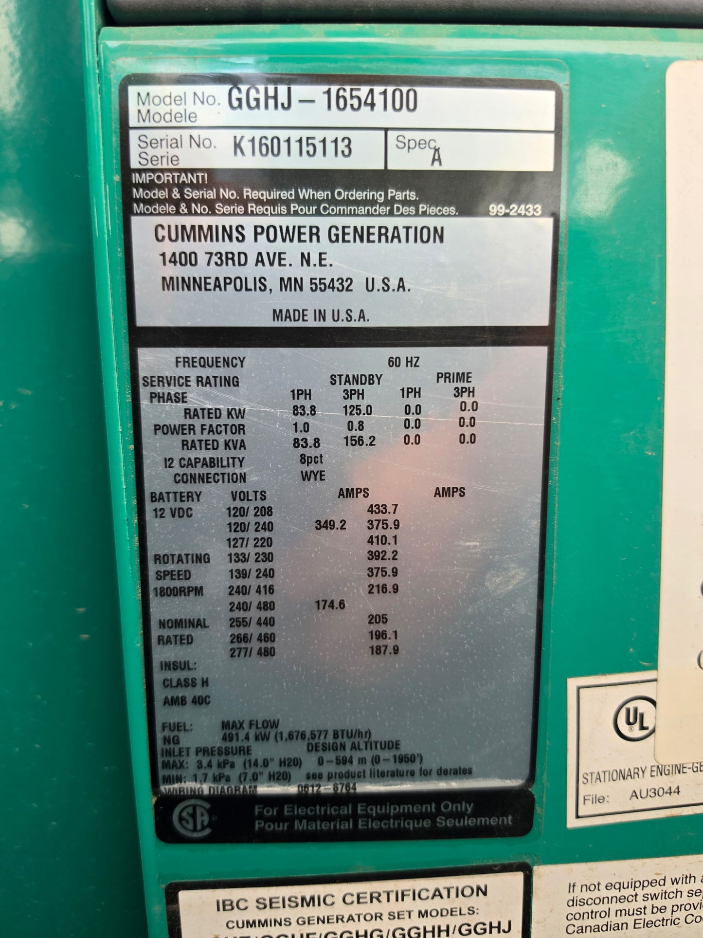 Cummins 125kw 156kva Natural Gas Generator