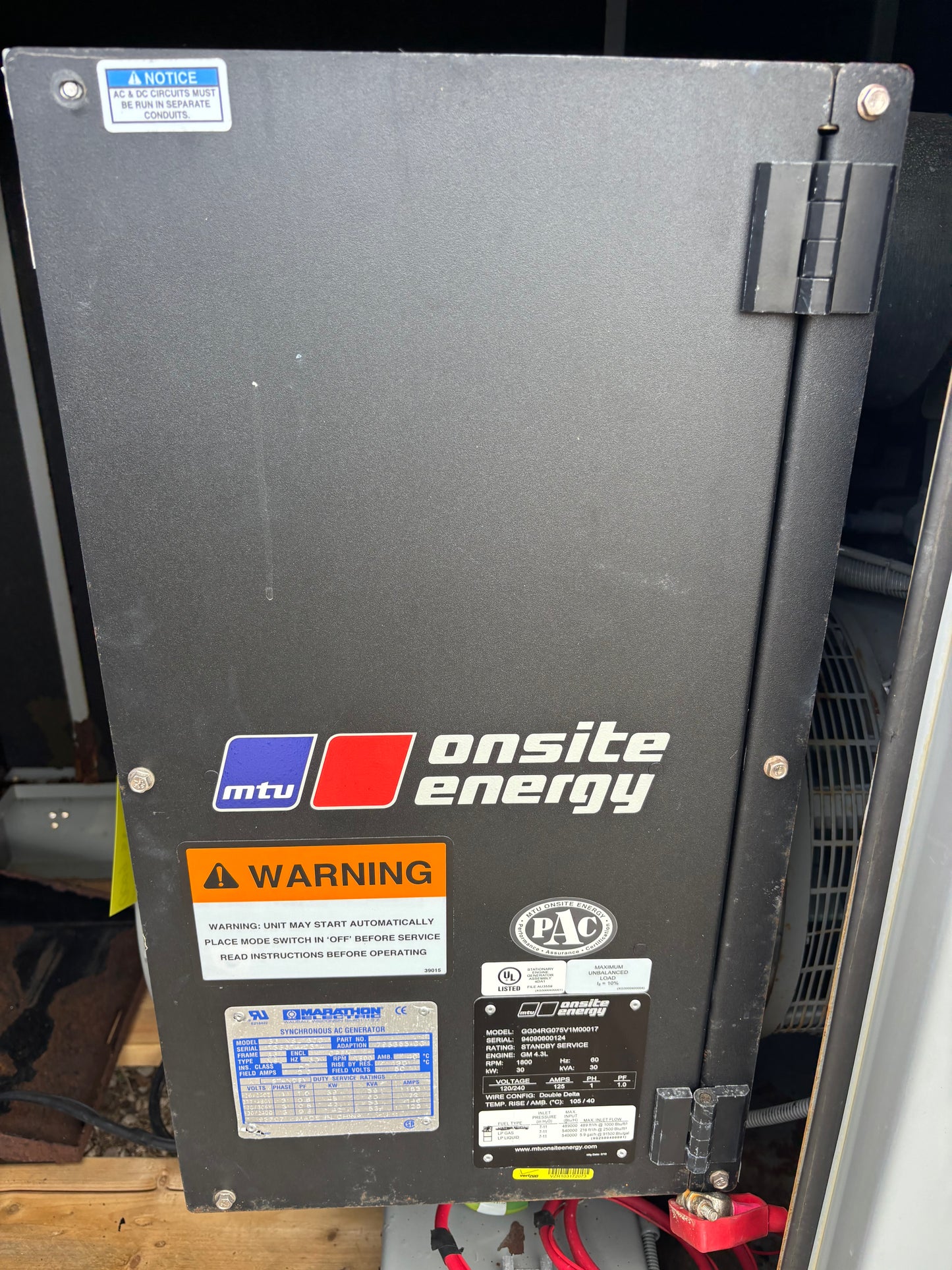 MTU 30kw Natural Gas/Propane Generator 168 Hours
