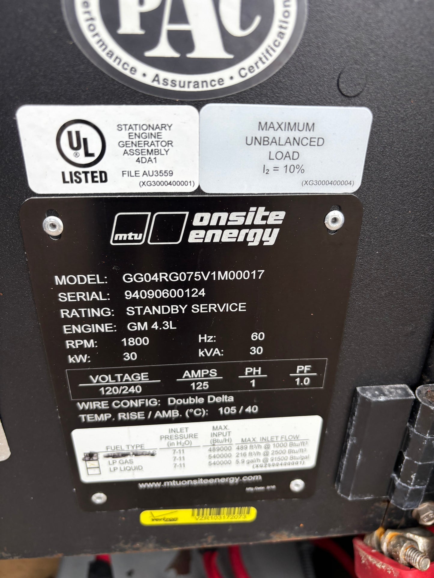 MTU 30kw Natural Gas/Propane Generator 168 Hours