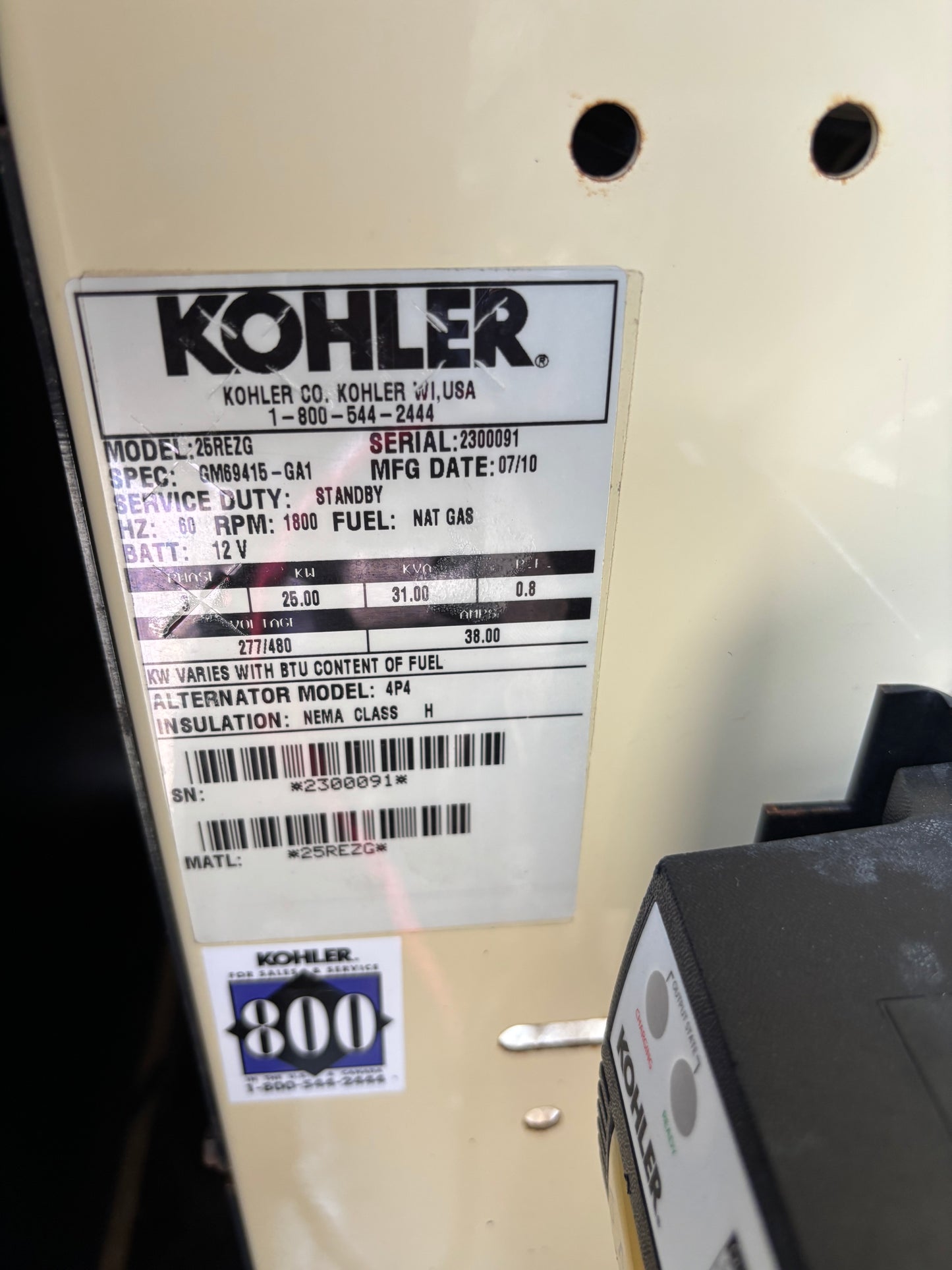Kohler 25kw 31Kva Natural Gas/Propane  Generator 740 hours