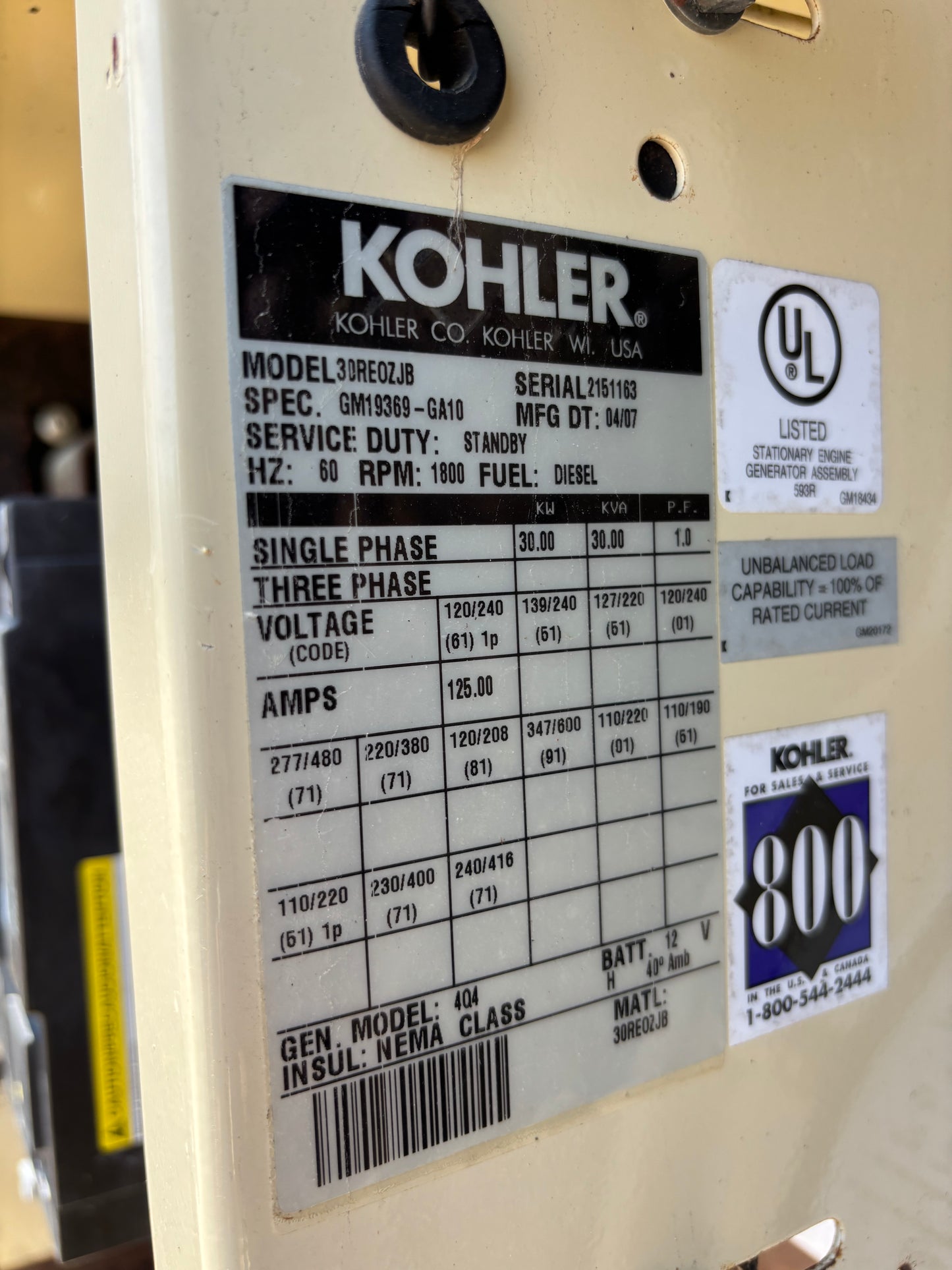 Kohler 30kw Diesel Generator 633 Hours