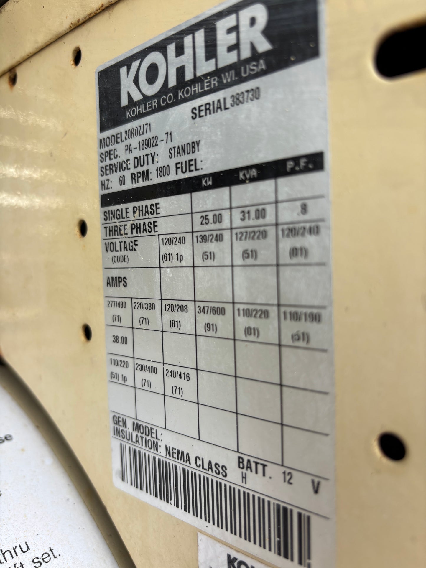 Kohler 25kw 31Kva Diesel Generator 539 hours