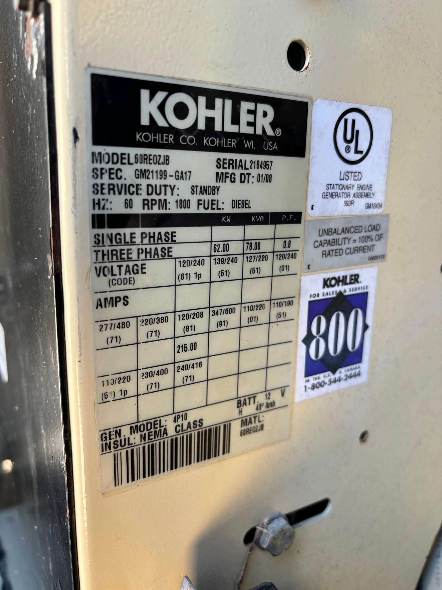 Kohler 62kw 78kva Diesel Generator John Deere 1,623 hours - All-Red Services LLC