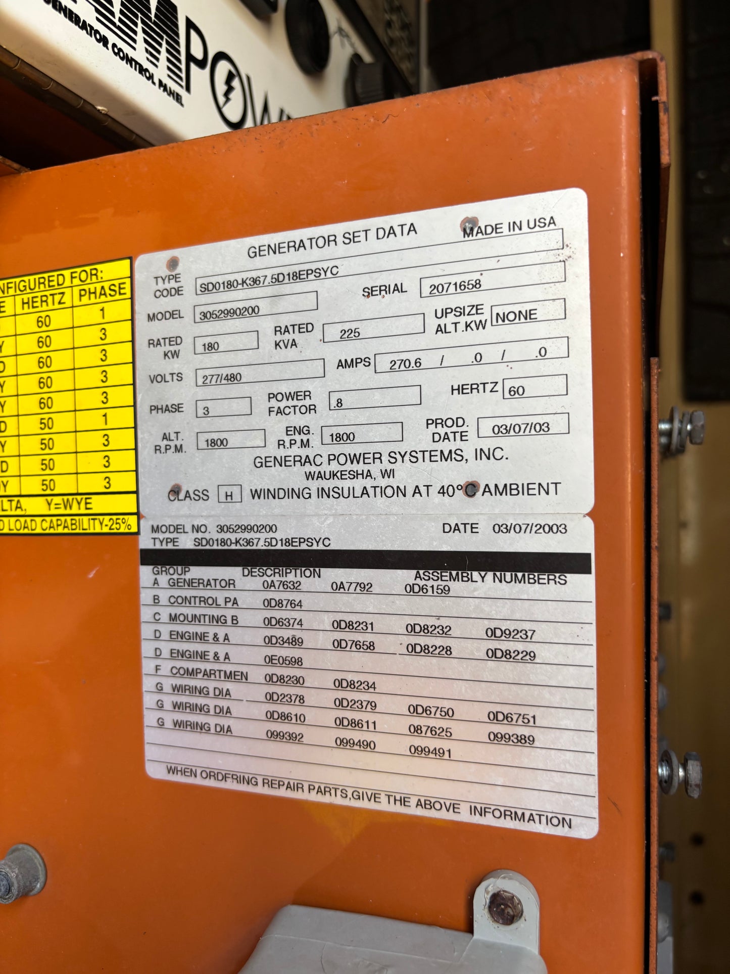 Generac 180kw 225Kva Diesel Generator 1,089 Hours