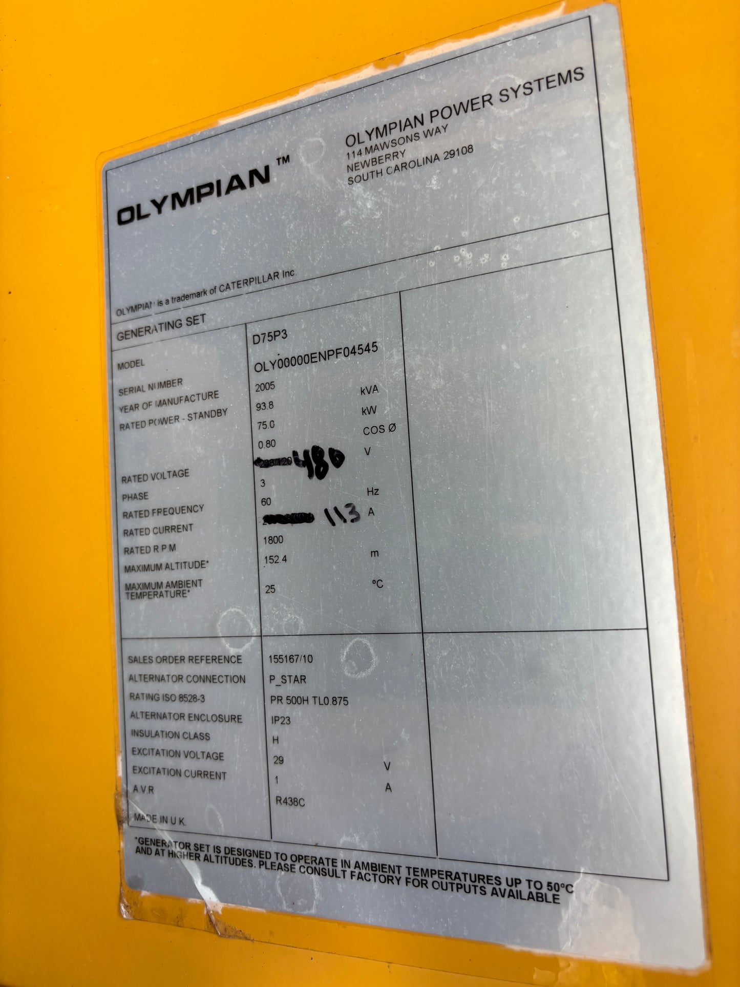 Olympian CAT 75kw 93Kva Diesel Generator 757 Hours
