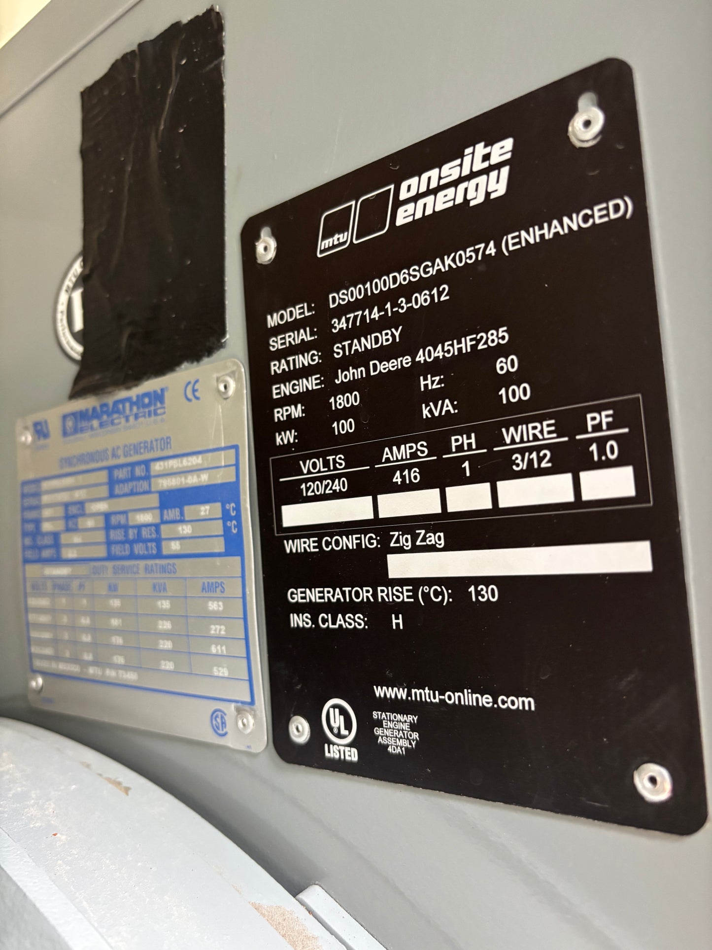 MTU Onsite Energy 100kw Diesel Generator 409 Hours