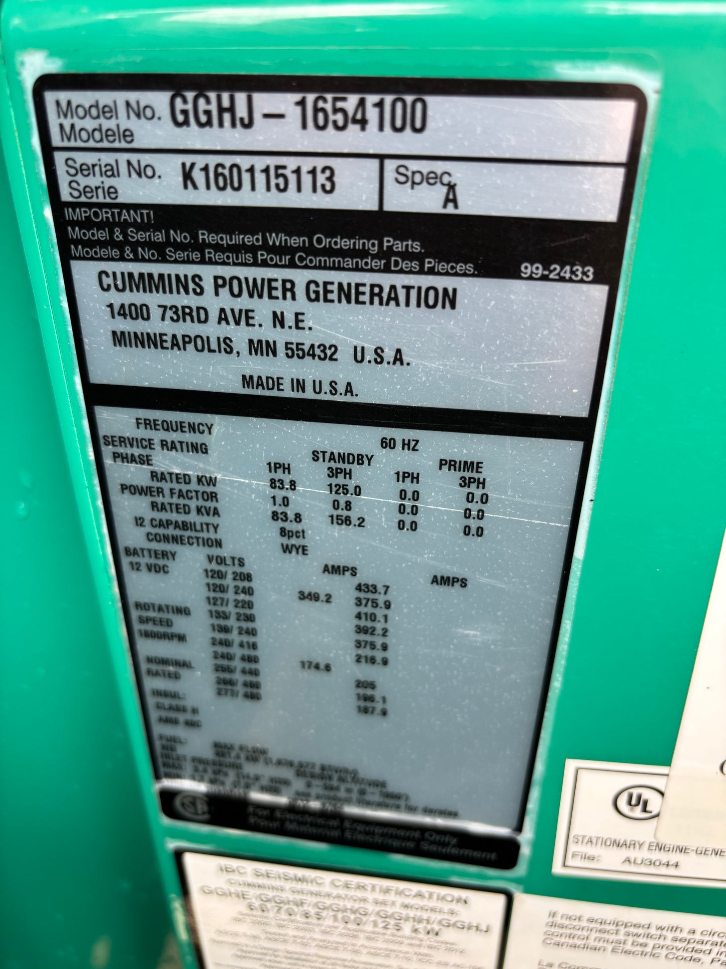 Cummins 125kw 156kva Natural Gas Generator