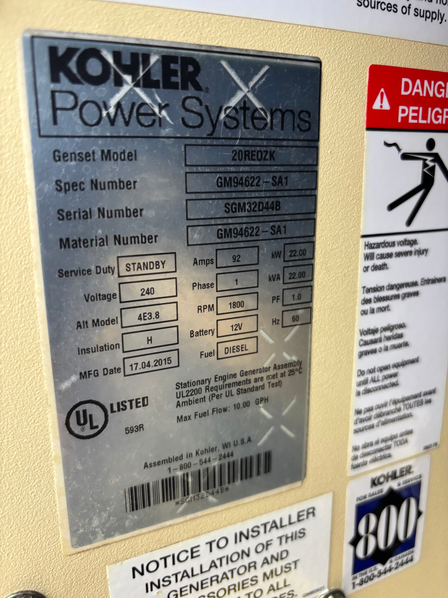Kohler 22kw Diesel Generator 87 hours