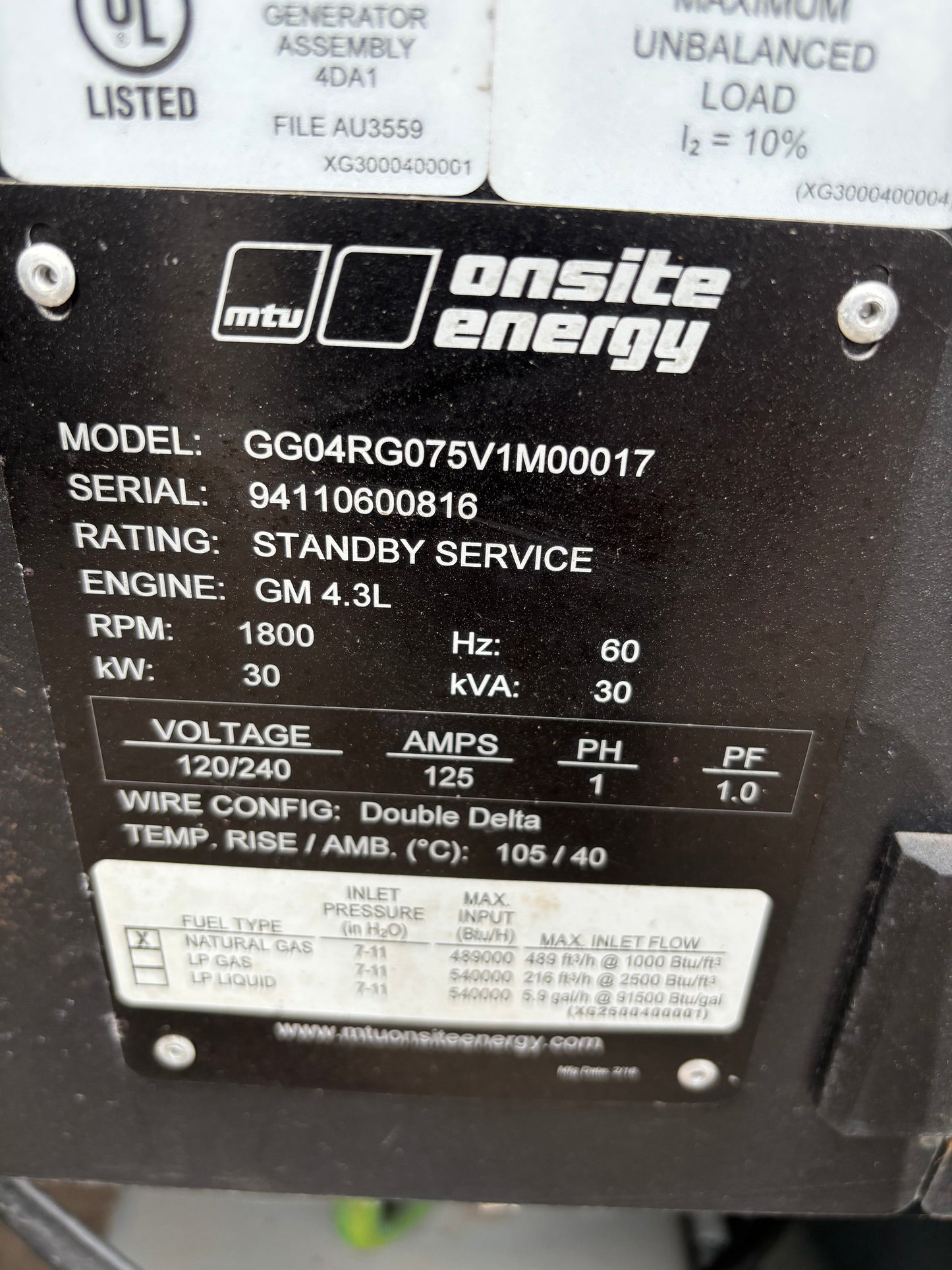 2016 MTU 30kw Generator Natural Gas 418 Hours