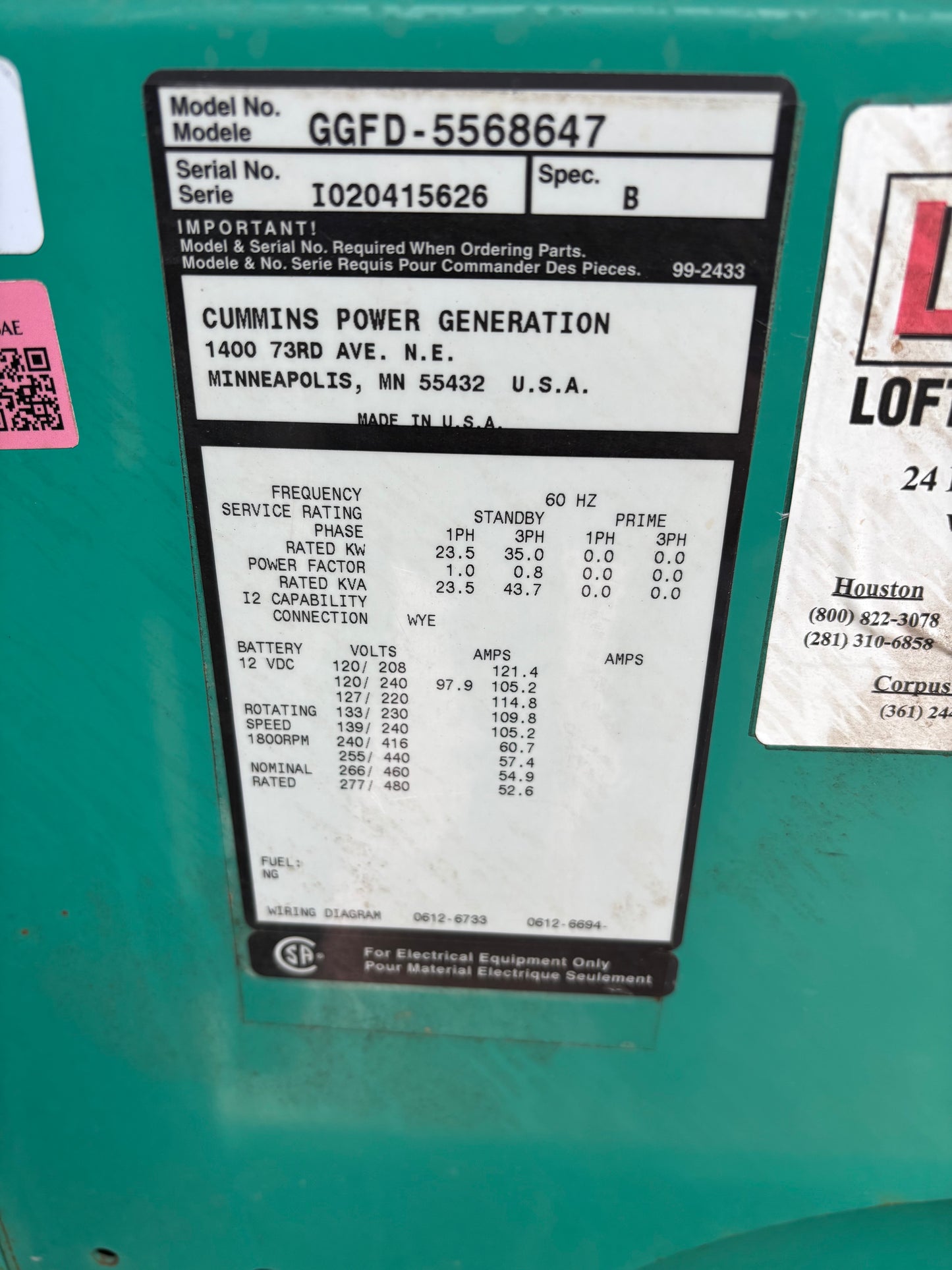 Cummins 35kw 43kva Natural Gas Generator set 751 Hours