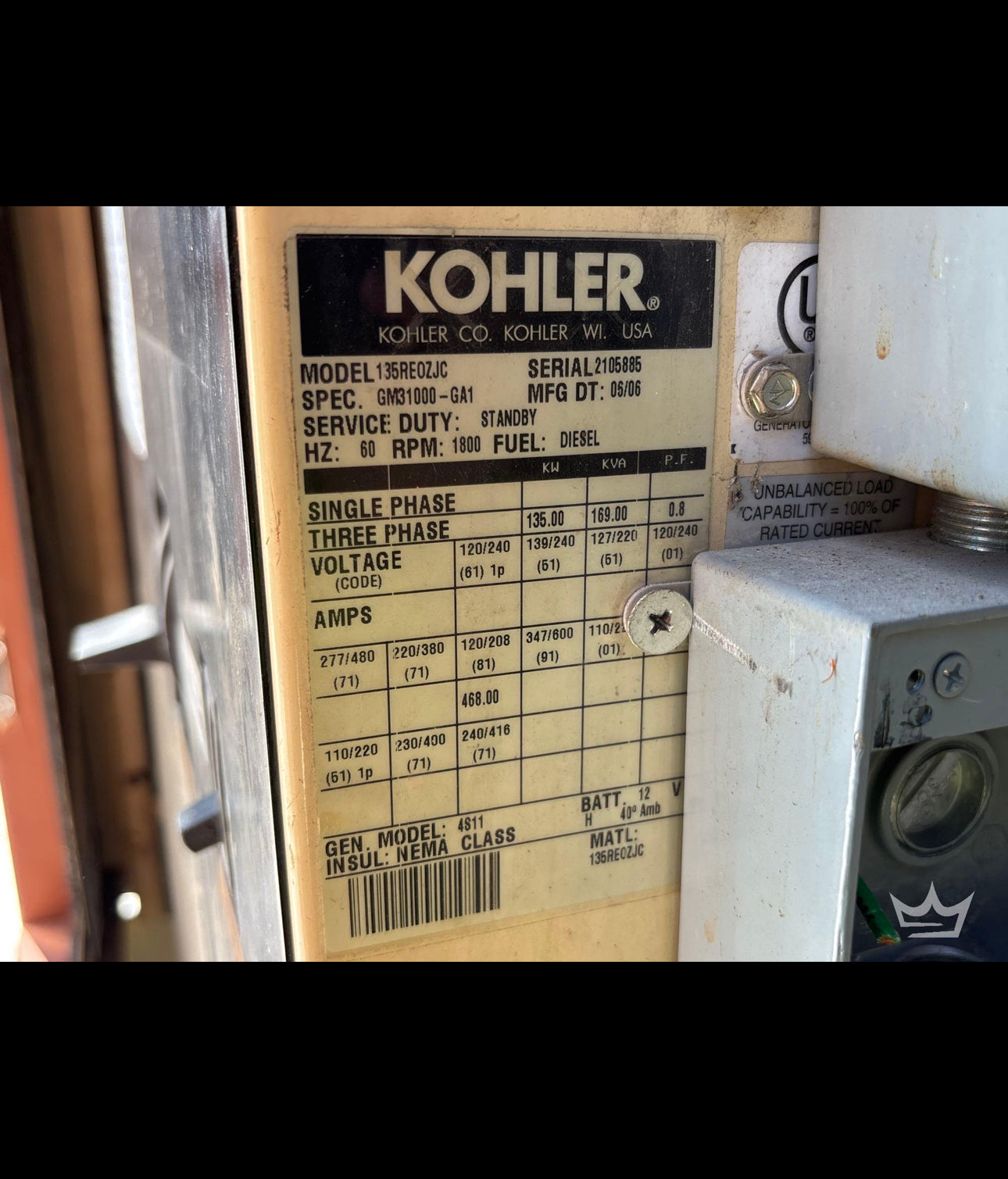 Kohler 135kw 169kva Diesel Generator