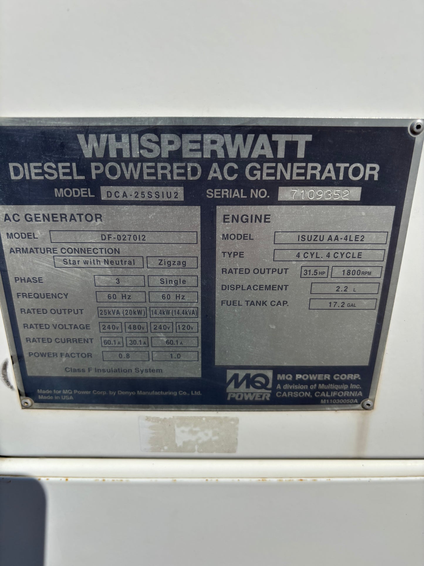 MQ Power MultiQuip WhisperWatt 15kw 25KVa Diesel Generator