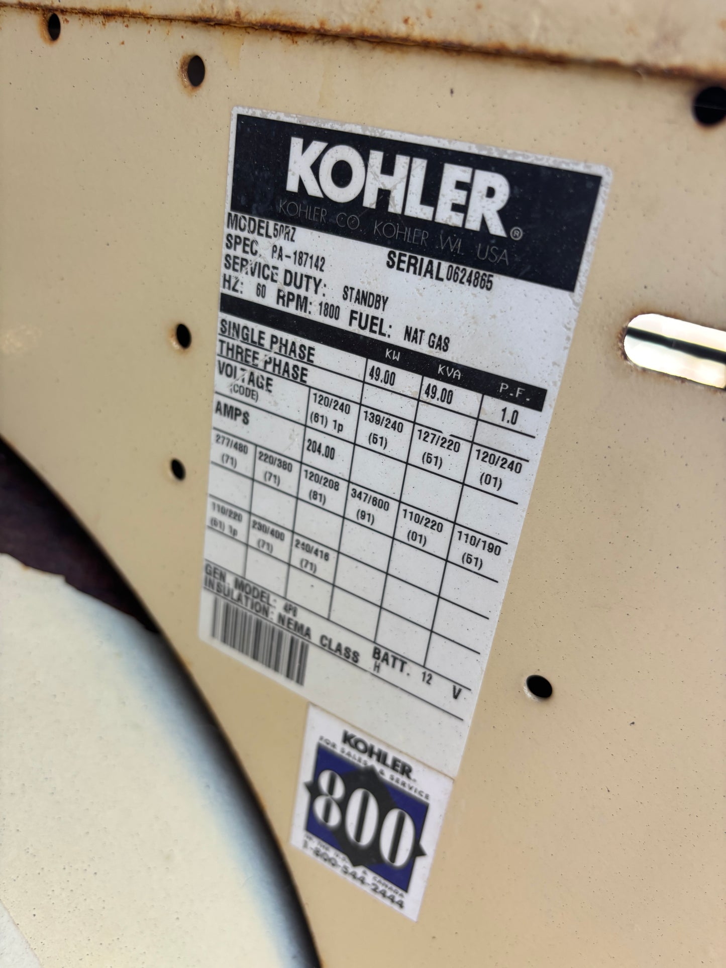 Kohler 49kw Natural Gas/Propane Generator