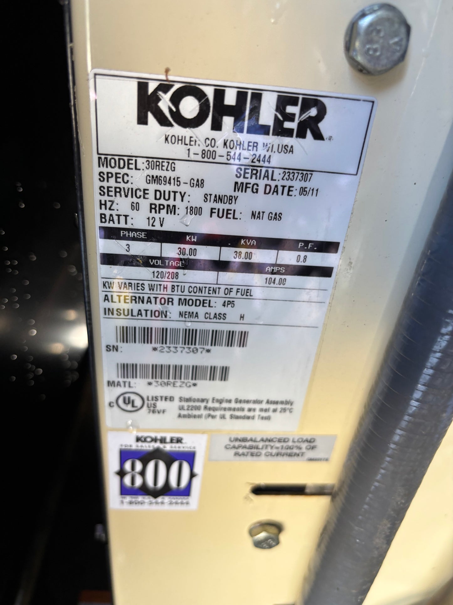 2011 Kohler 30kw 38Kva Natural Gas/Propane  Generator 223 hours