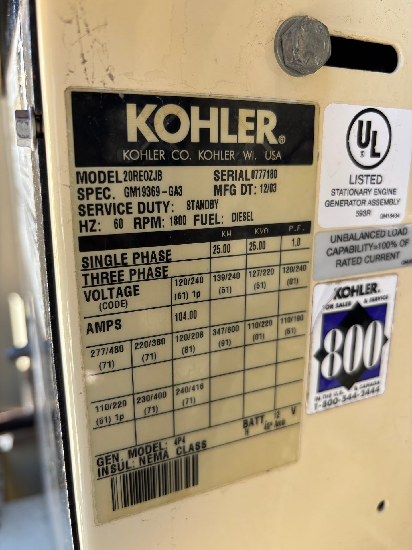 Kohler 25kw Diesel Generator 458 Hours