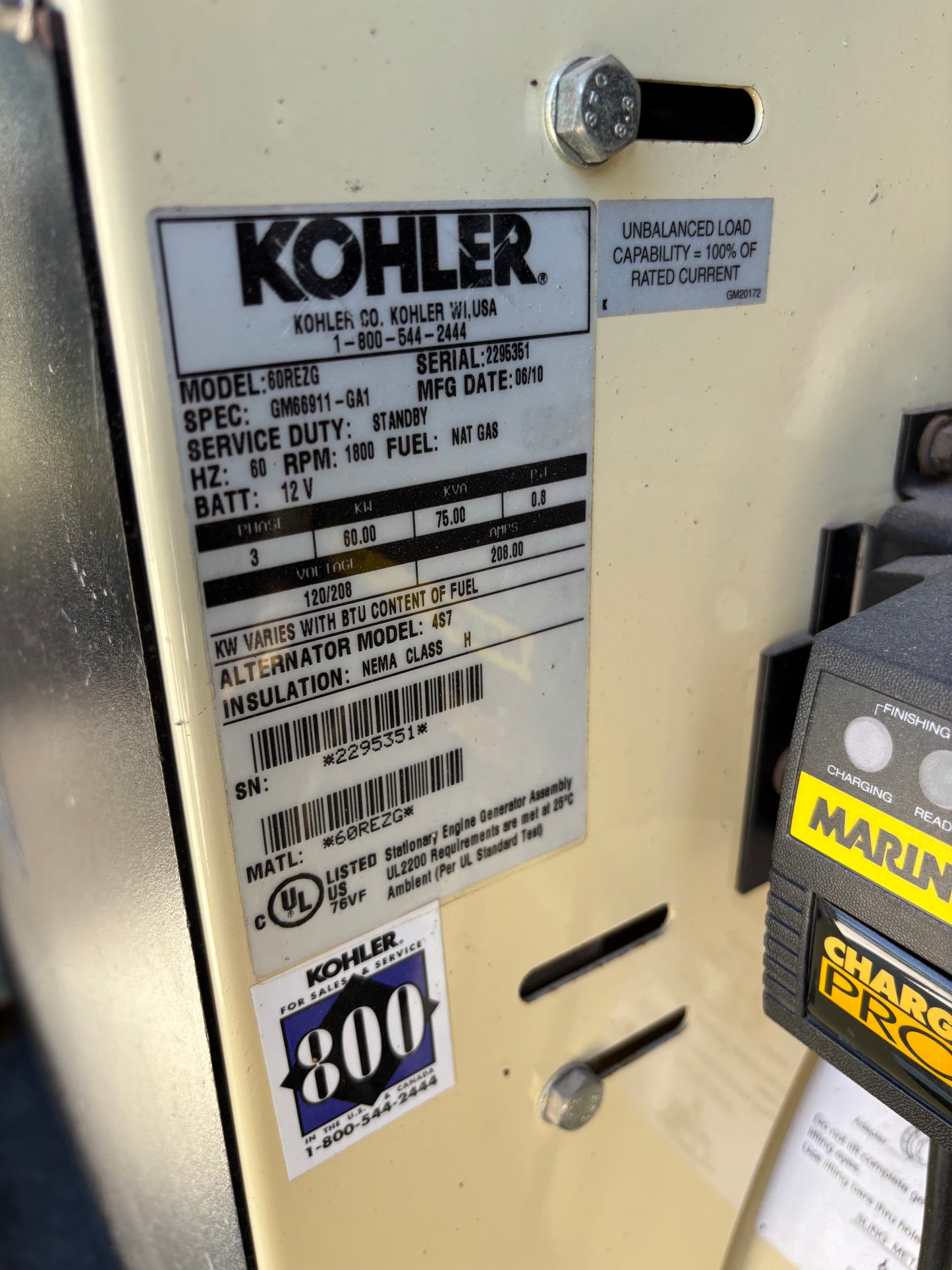 2011 Kohler 60kw Natural Gas/Propane Generator 209 Hours