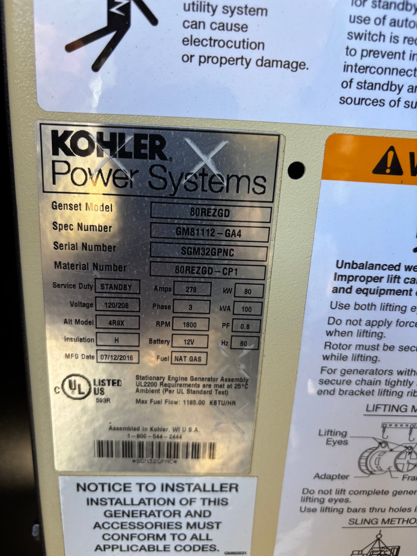 2016 Kohler 80kw 105kva Natural Gas Generator 346 hours