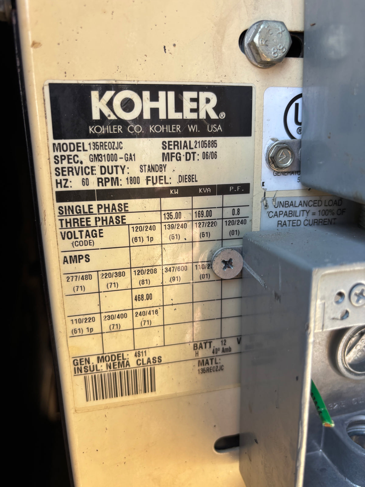 Kohler 135kw 169kva Diesel Generator
