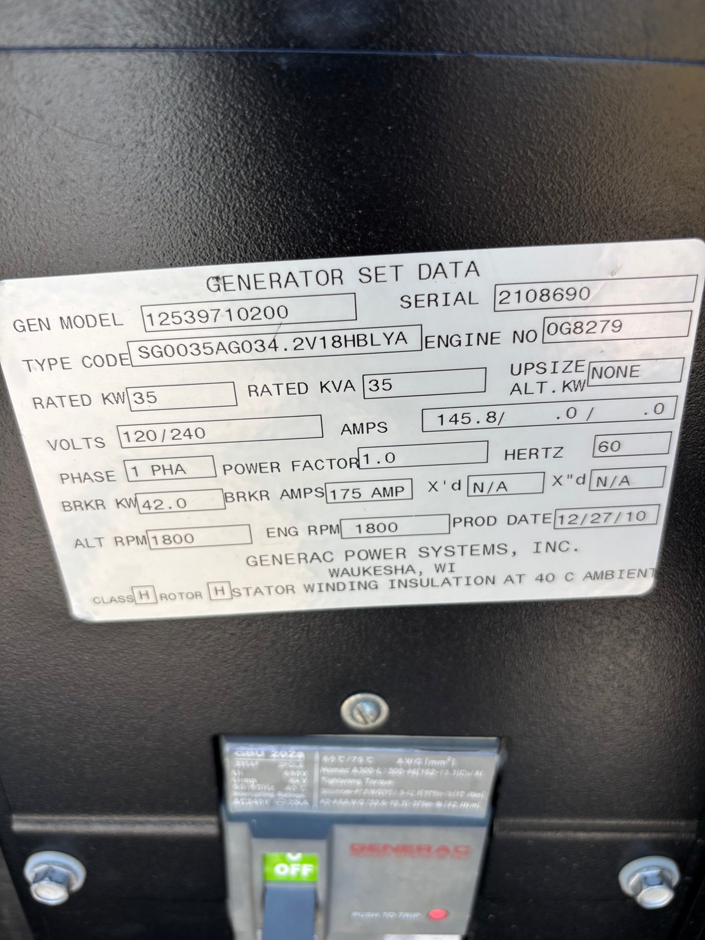 Generac 35kw Propane/Natural Gas Generator 347 Hours