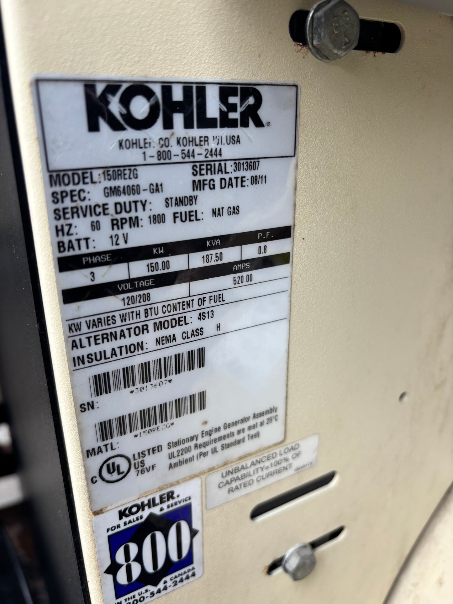 2011 Kohler 150kw 187kva Natural Gas Generator 26 hours