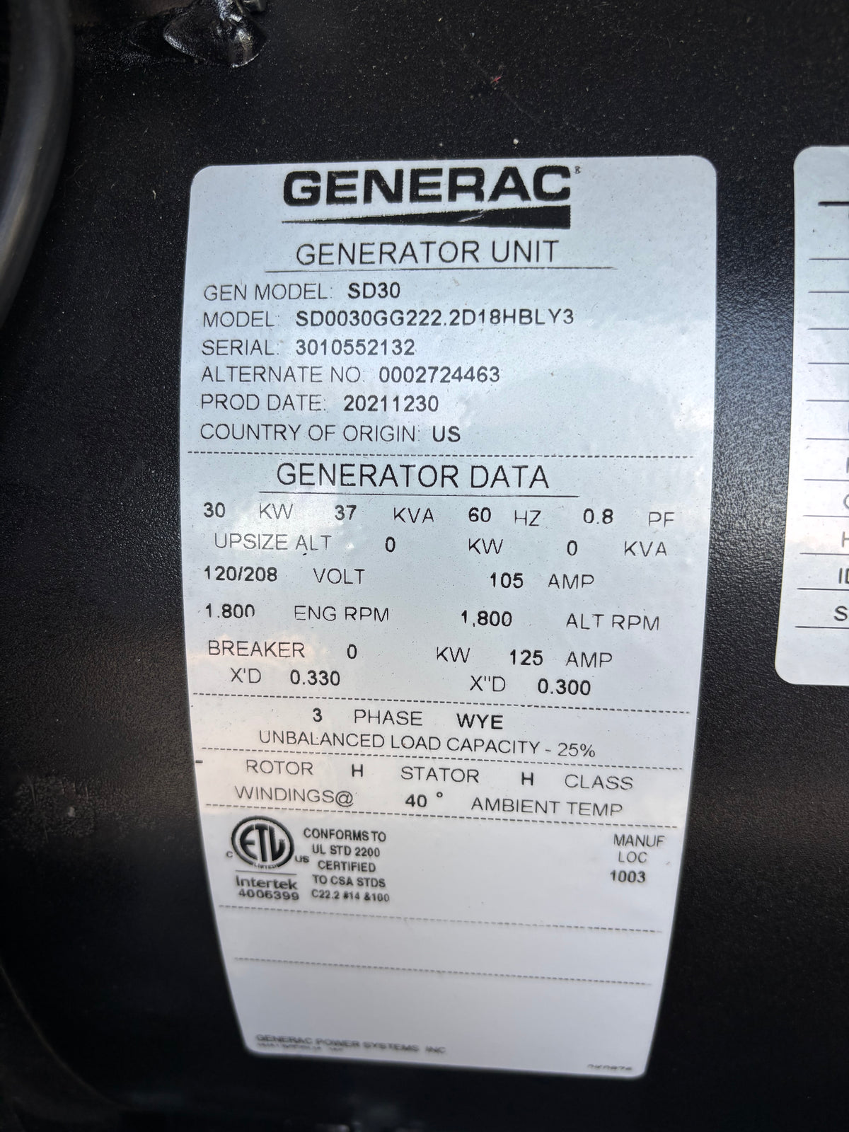 Generac 30kw 37kva Diesel Generator New Surplus