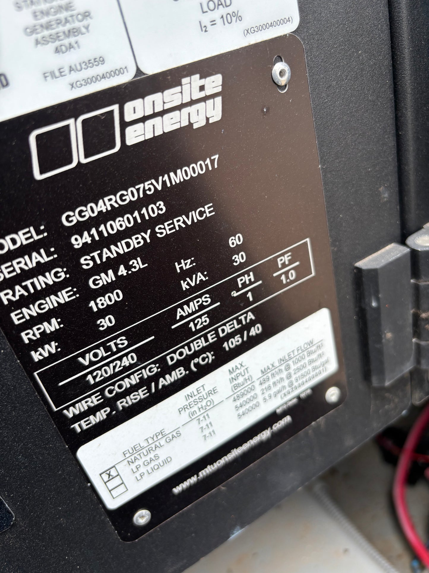 2016 MTU Onsite Natural Gas/Propane 30kw Generator