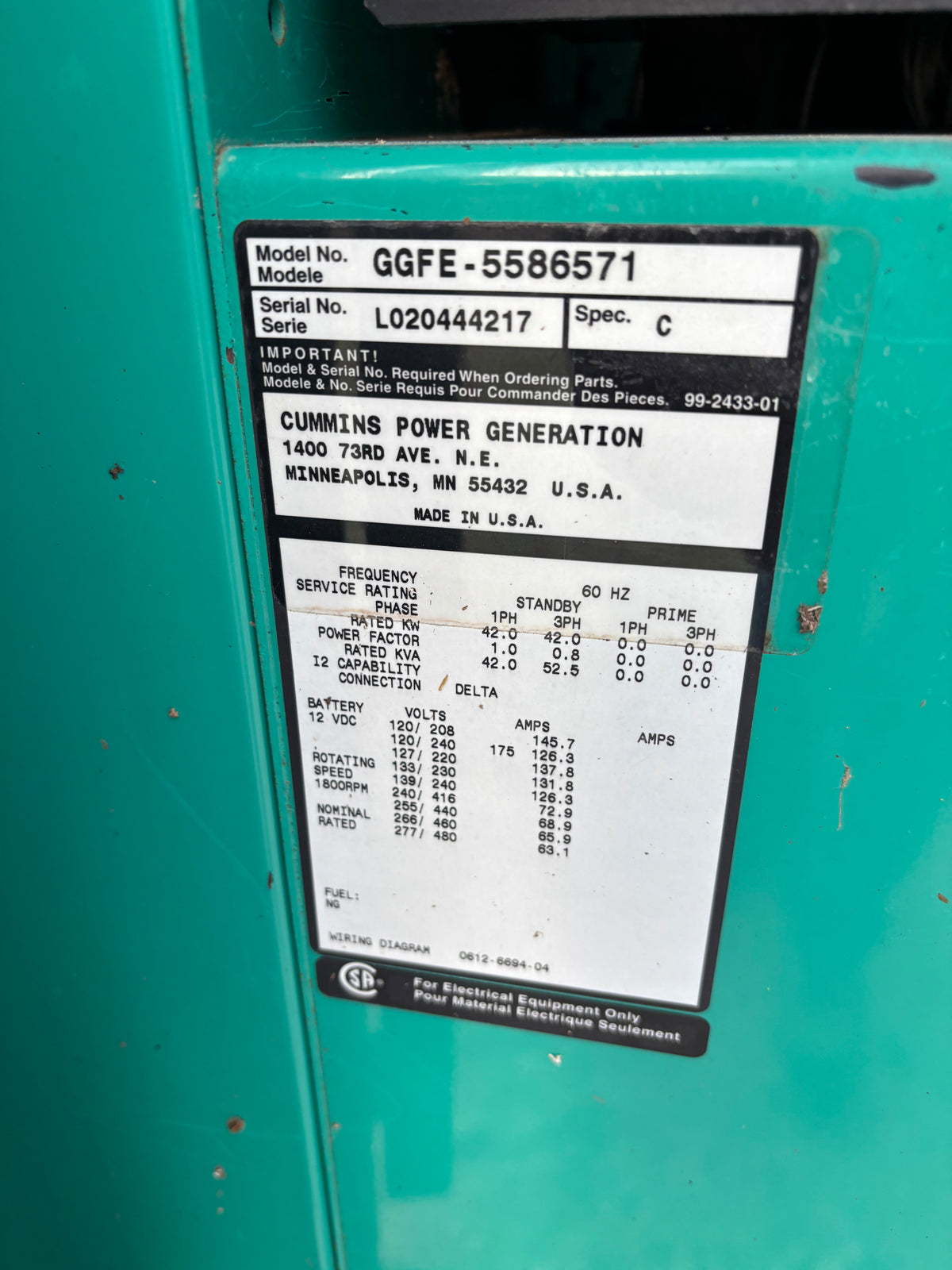 Cummins 42kw 52Kva Natural Gas Generator 422 Hours