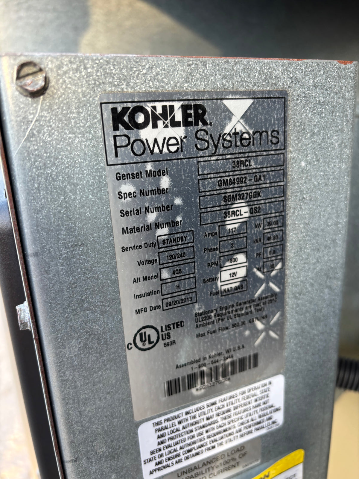 Kohler 39kw 38kva Natural Gas Generator 257 Hours