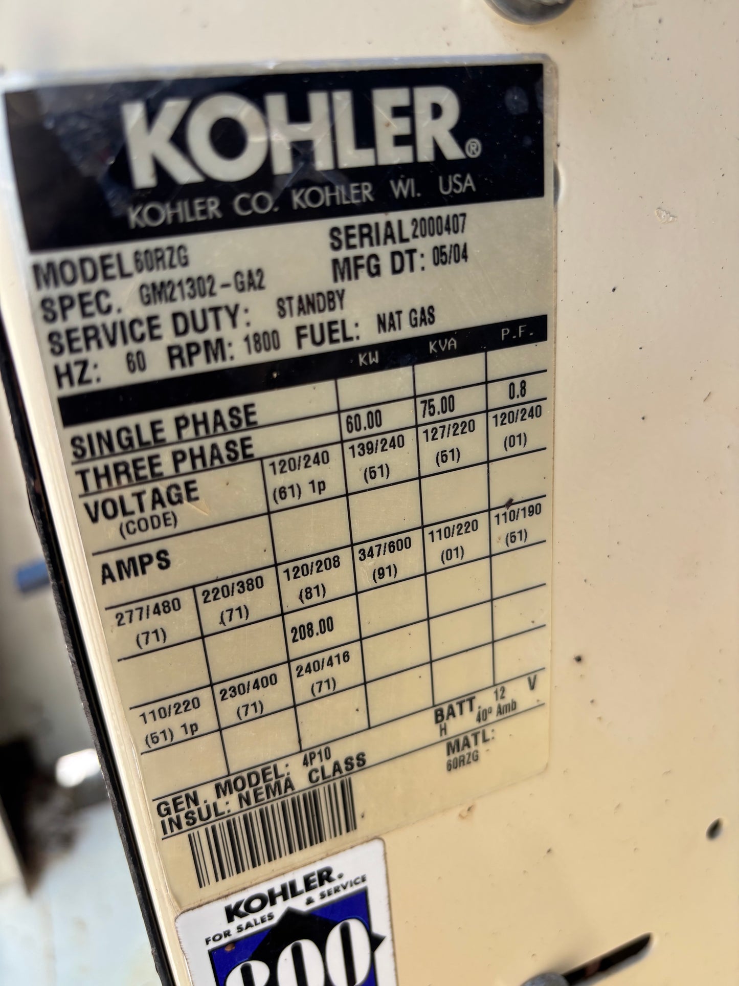 Kohler 60kw 75Kva Natural Gas/Propane Generator