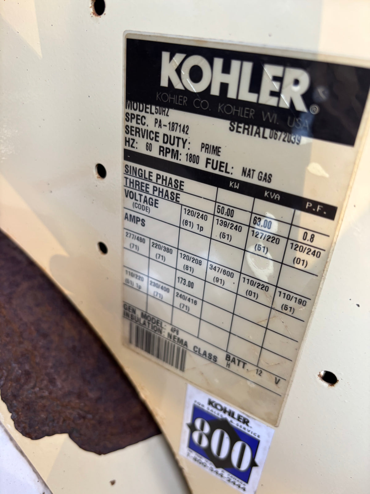 Kohler 50kw 63Kva Natural Gas/ Propane Generator