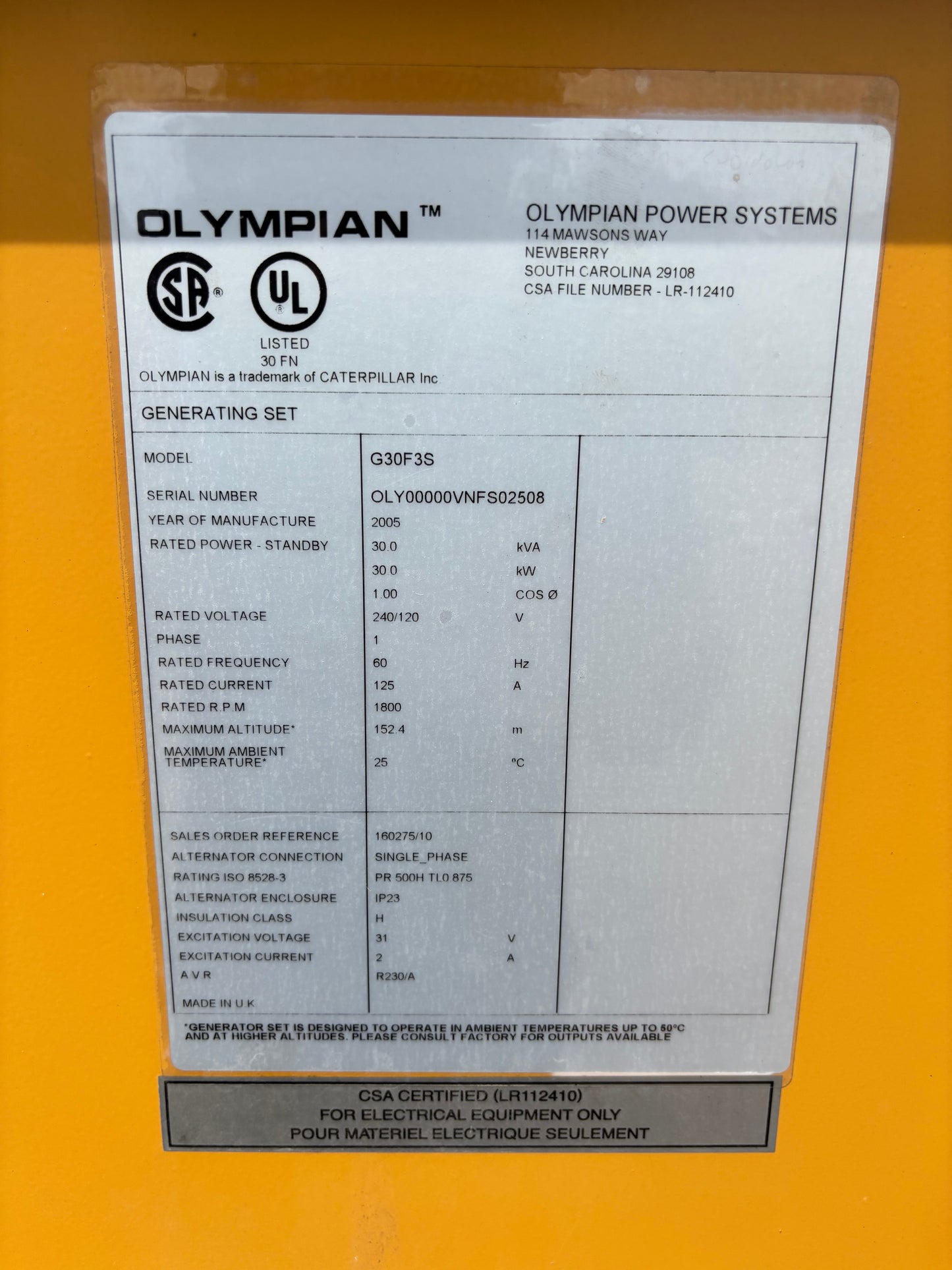 Olympian/CAT 30kw Propane Generator 466 Hours