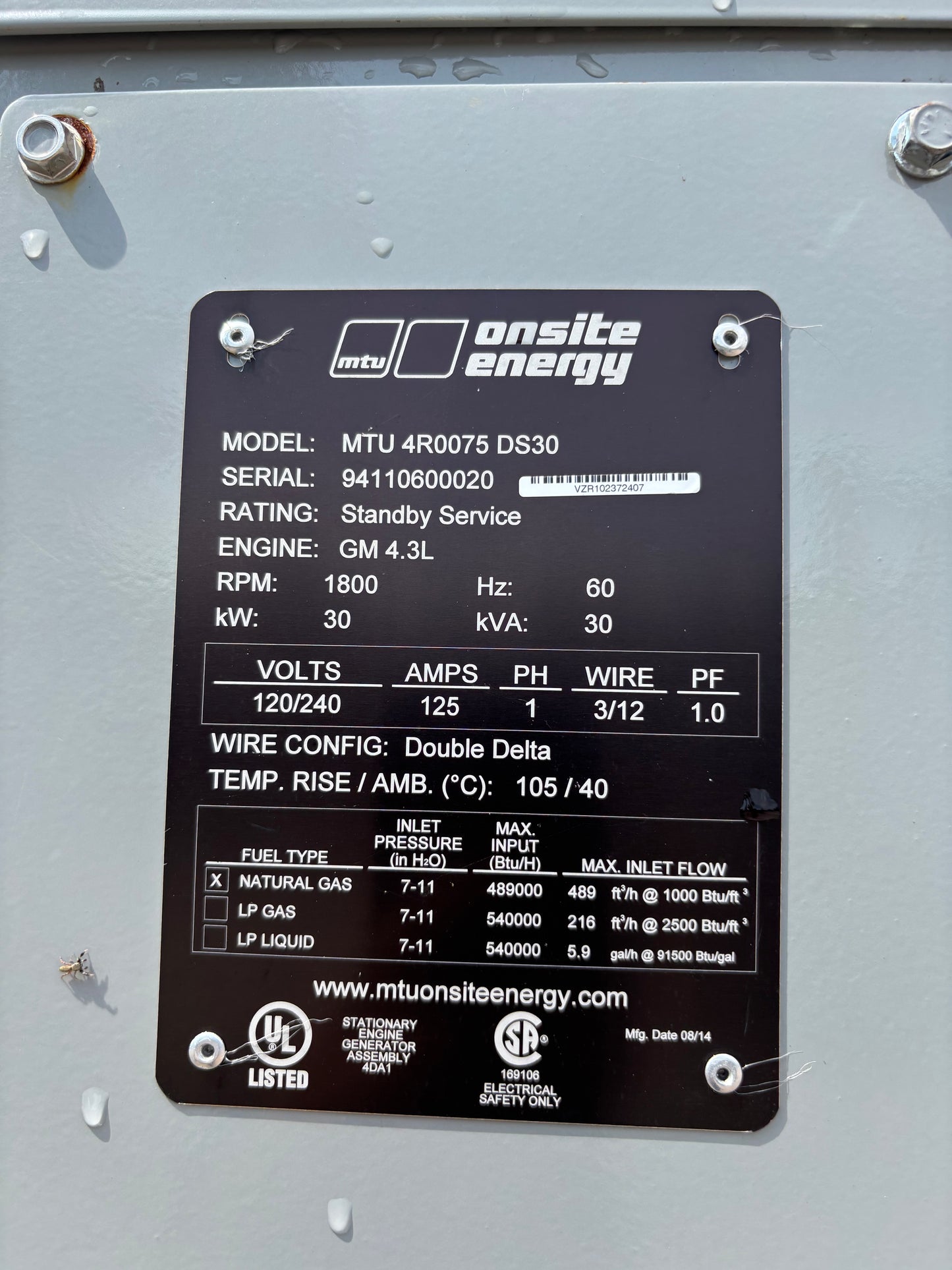 MTU Onsite 30kw Natural Gas Generator 129 Hours