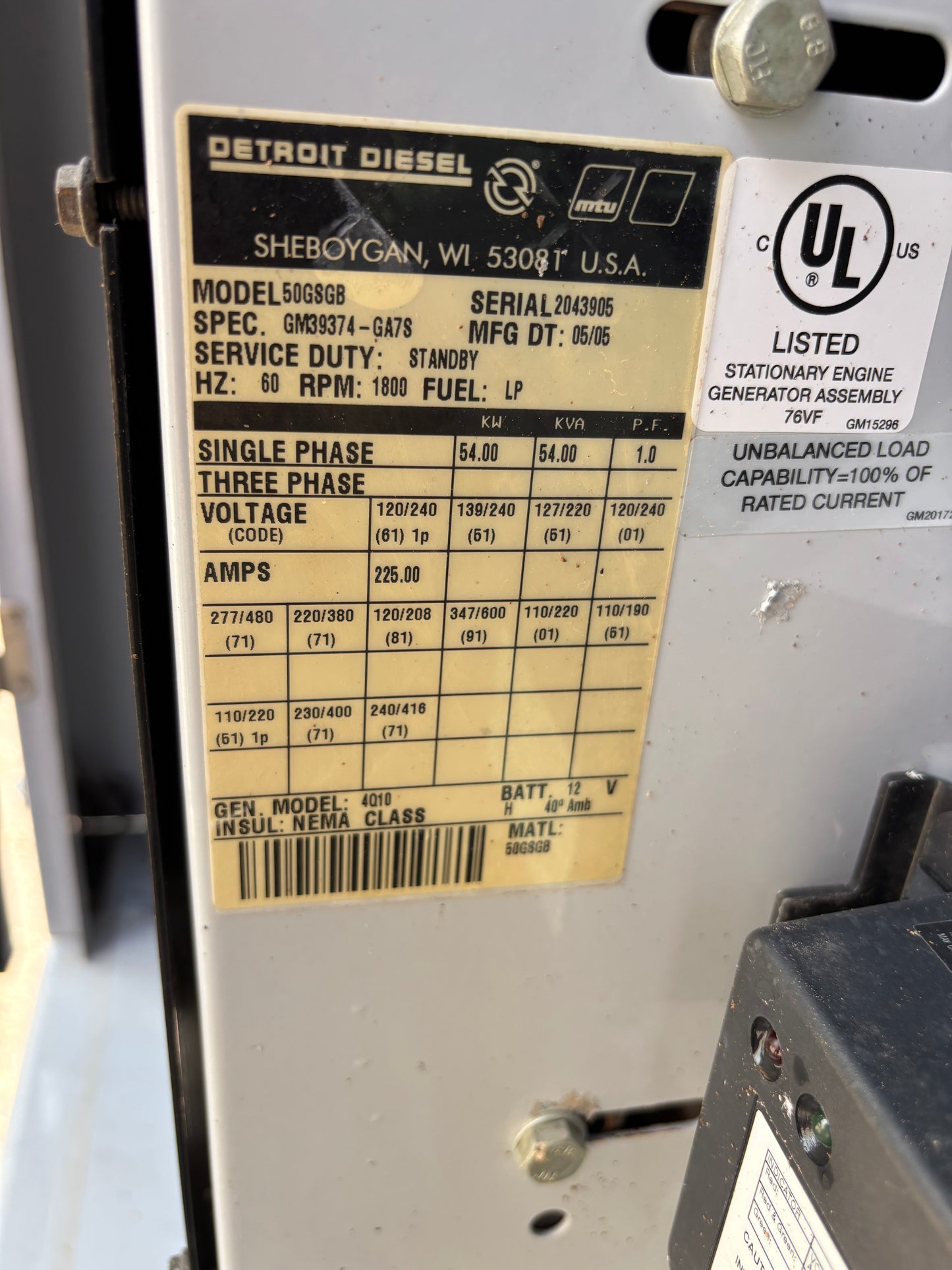 MTU 54kw Propane Generator 368 hours