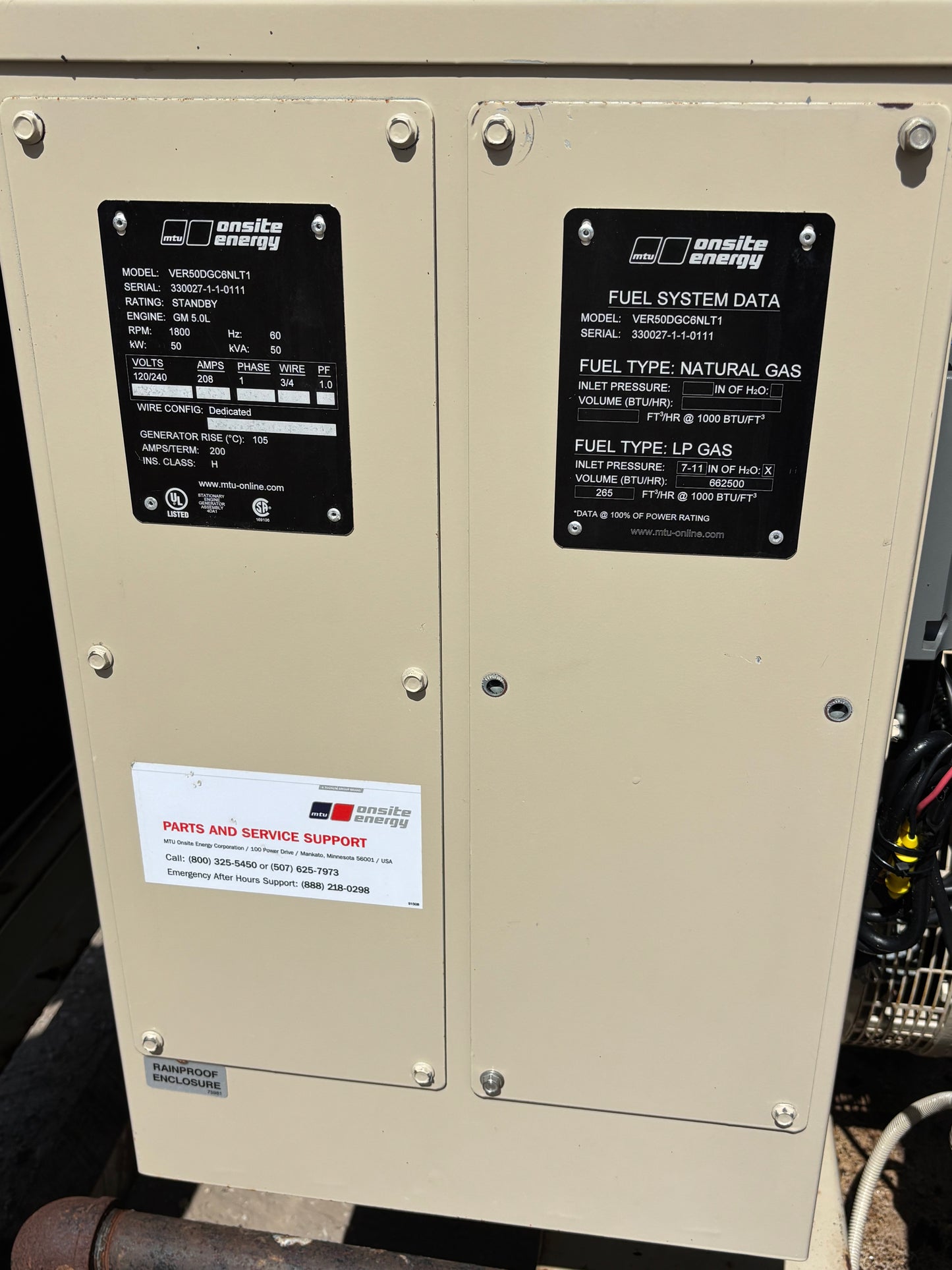 MTU Onsite 50kw Natural Gas/Propane Generator 459 Hours