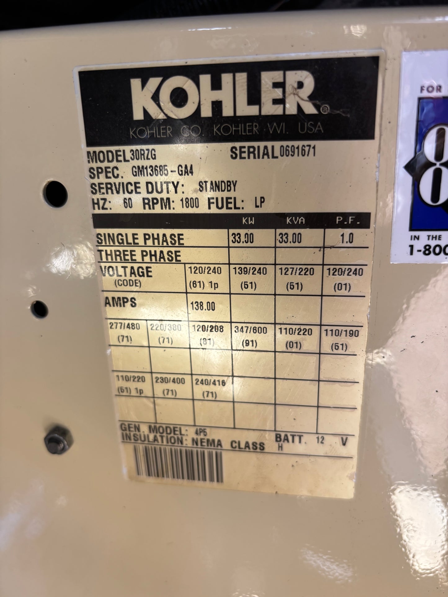 Kohler 33kw Natural Gas/Propane Generator 443 Hours