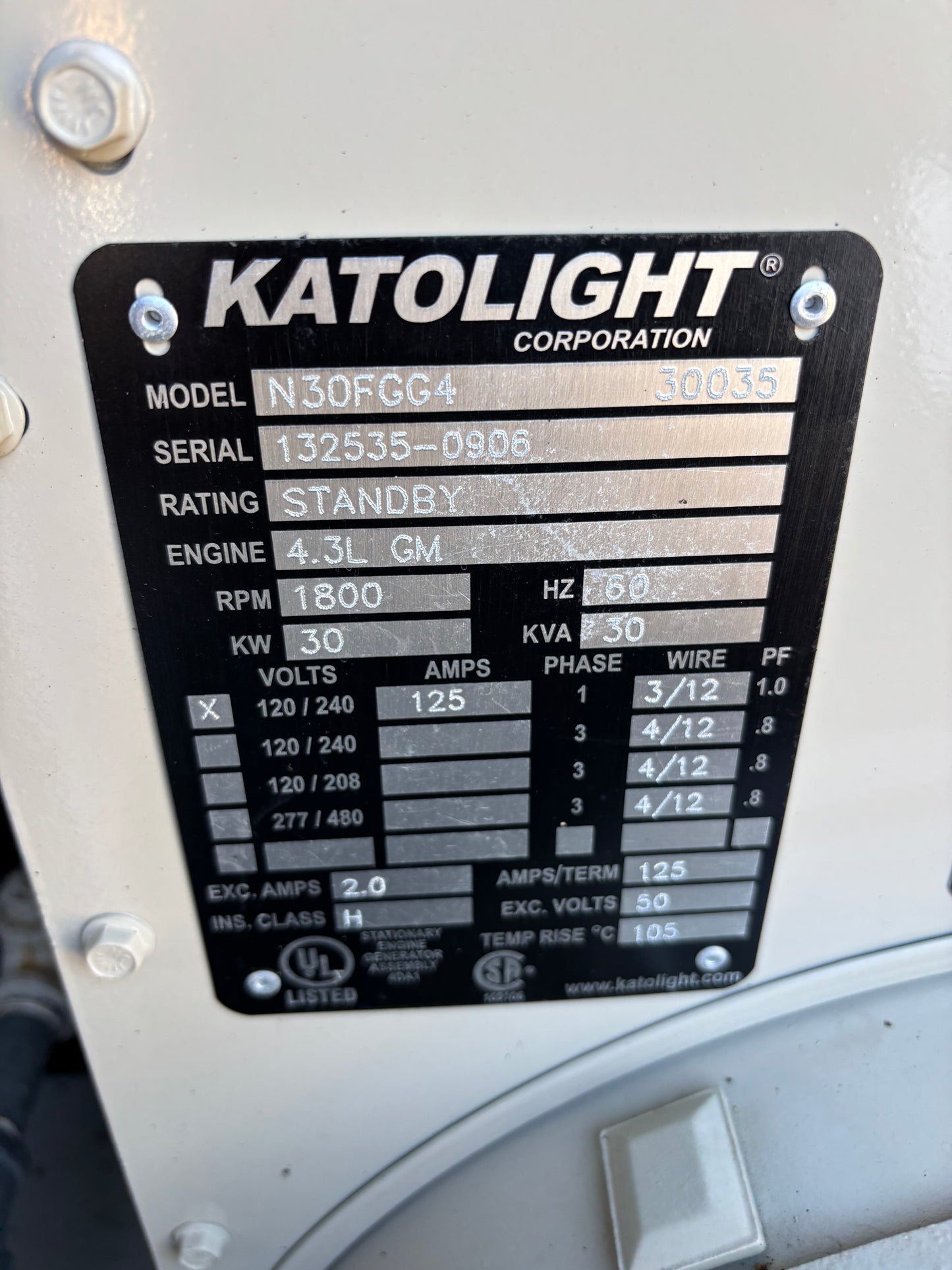 Katolight 30kw Natural Gas/Propane Generator 432 hours