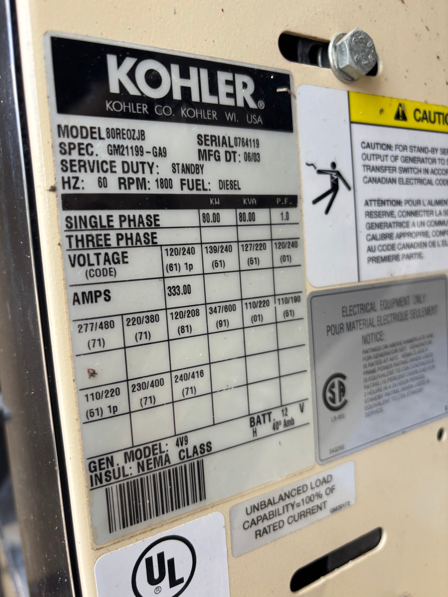 Kohler 80kw Diesel Generator 758 Hours