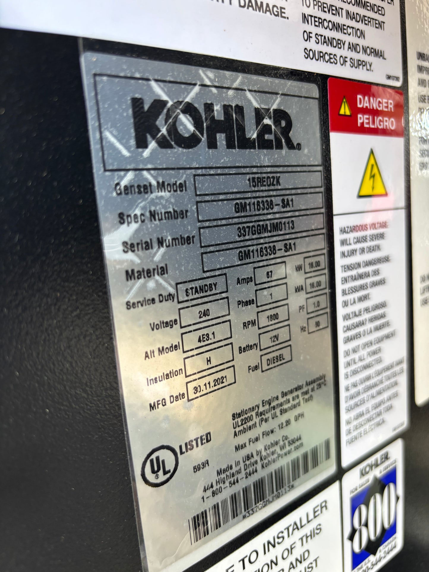 Kohler 15kw Diesel Generator 13 Hours