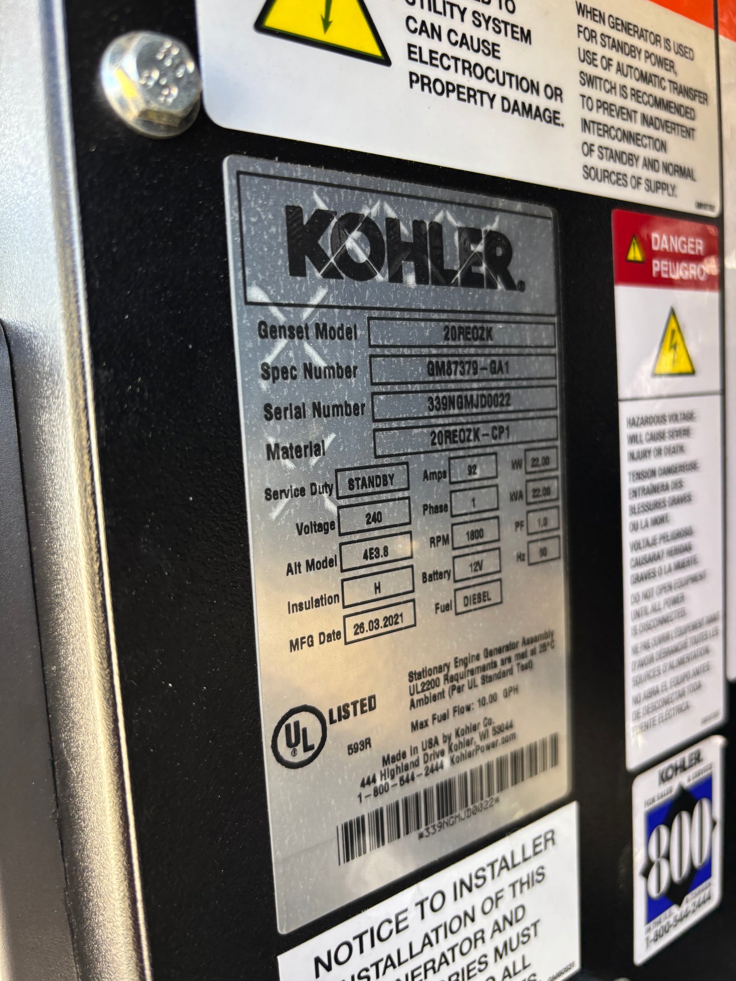 2021 Kohler 22kw Diesel Generator 8 hours