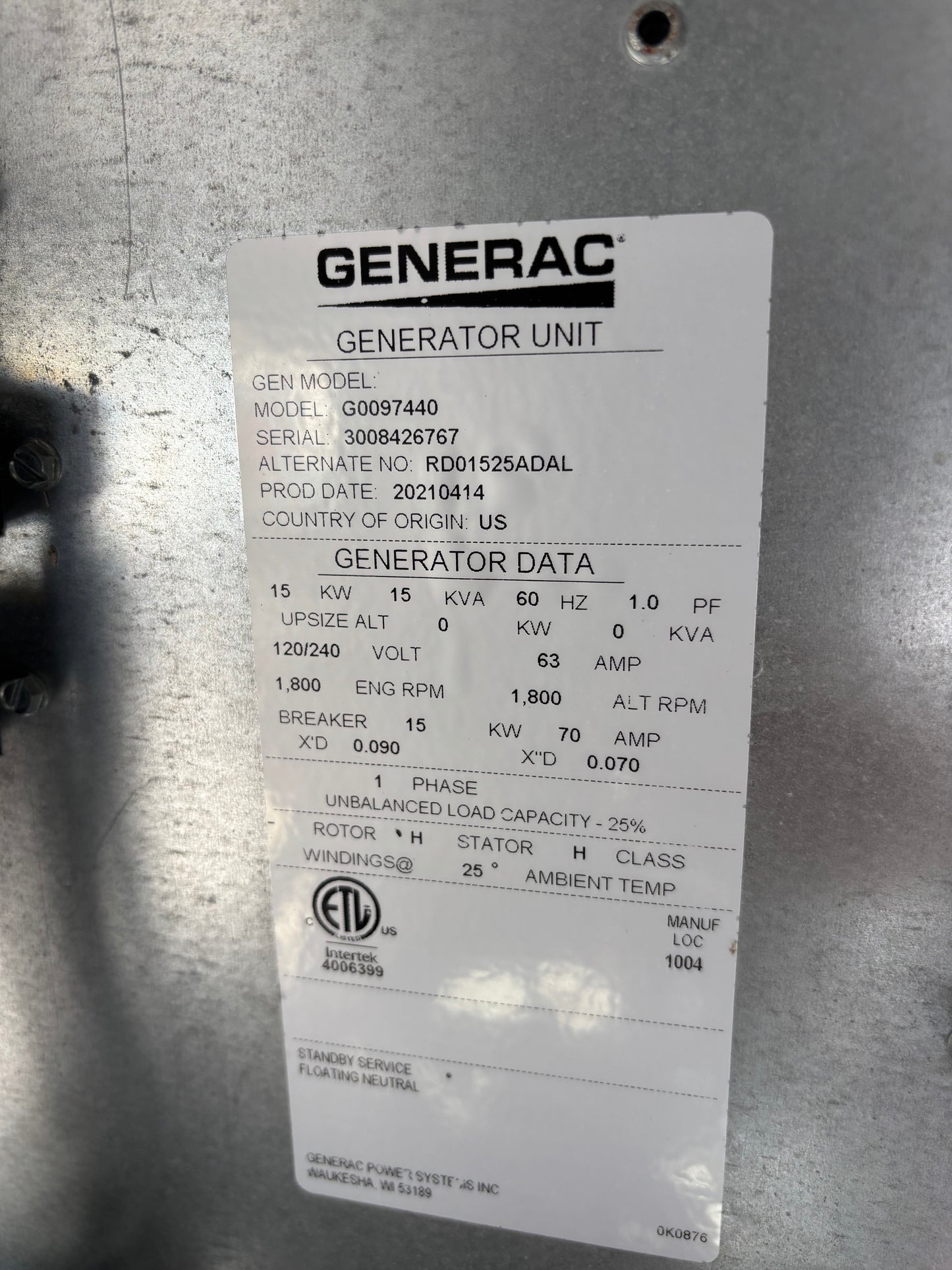 Generac 15kw Diesel Generarator New Surplus 0.3 hours