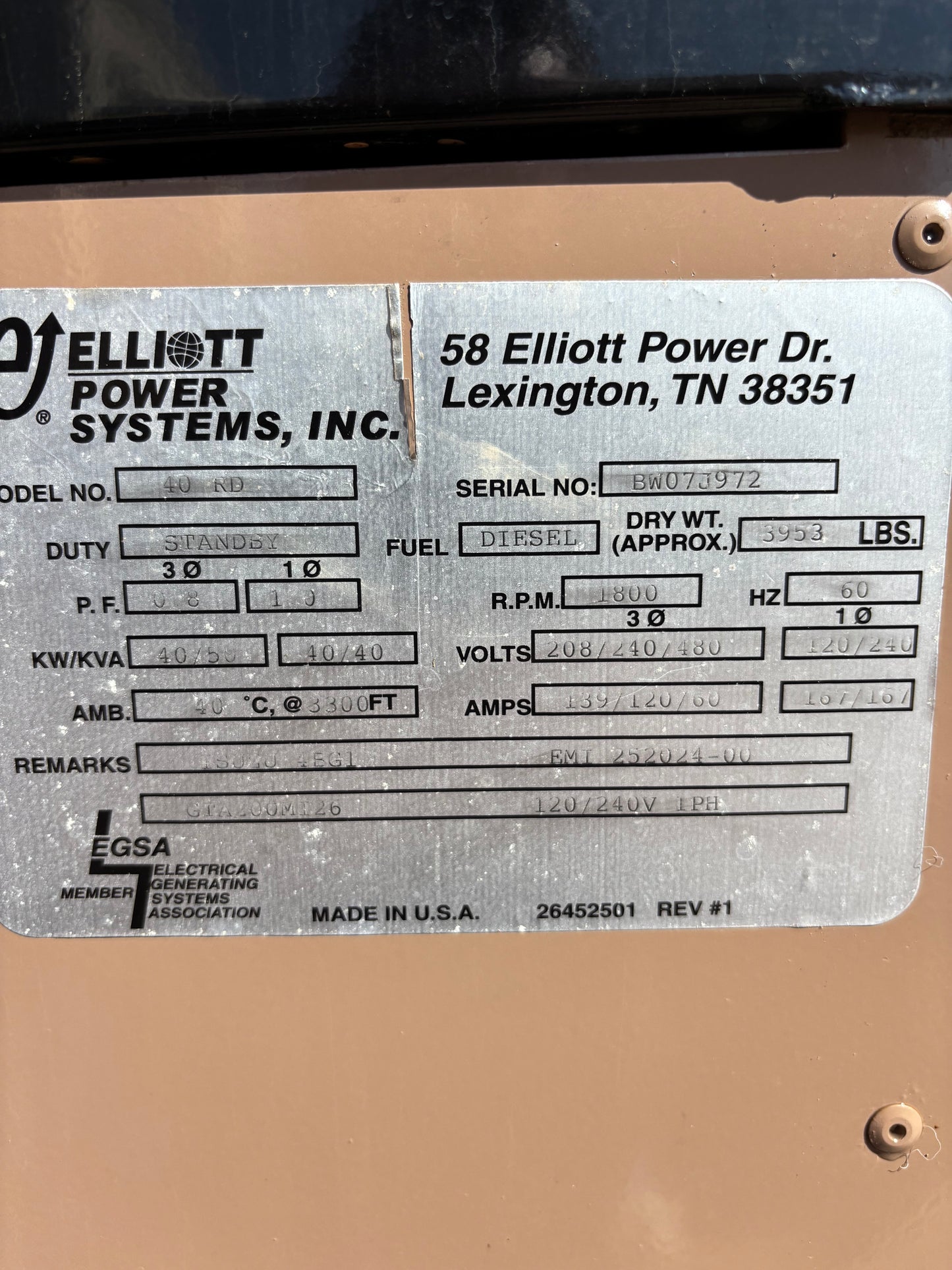 Elliot Power Systems 40kw Diesel Generator 475 Hours