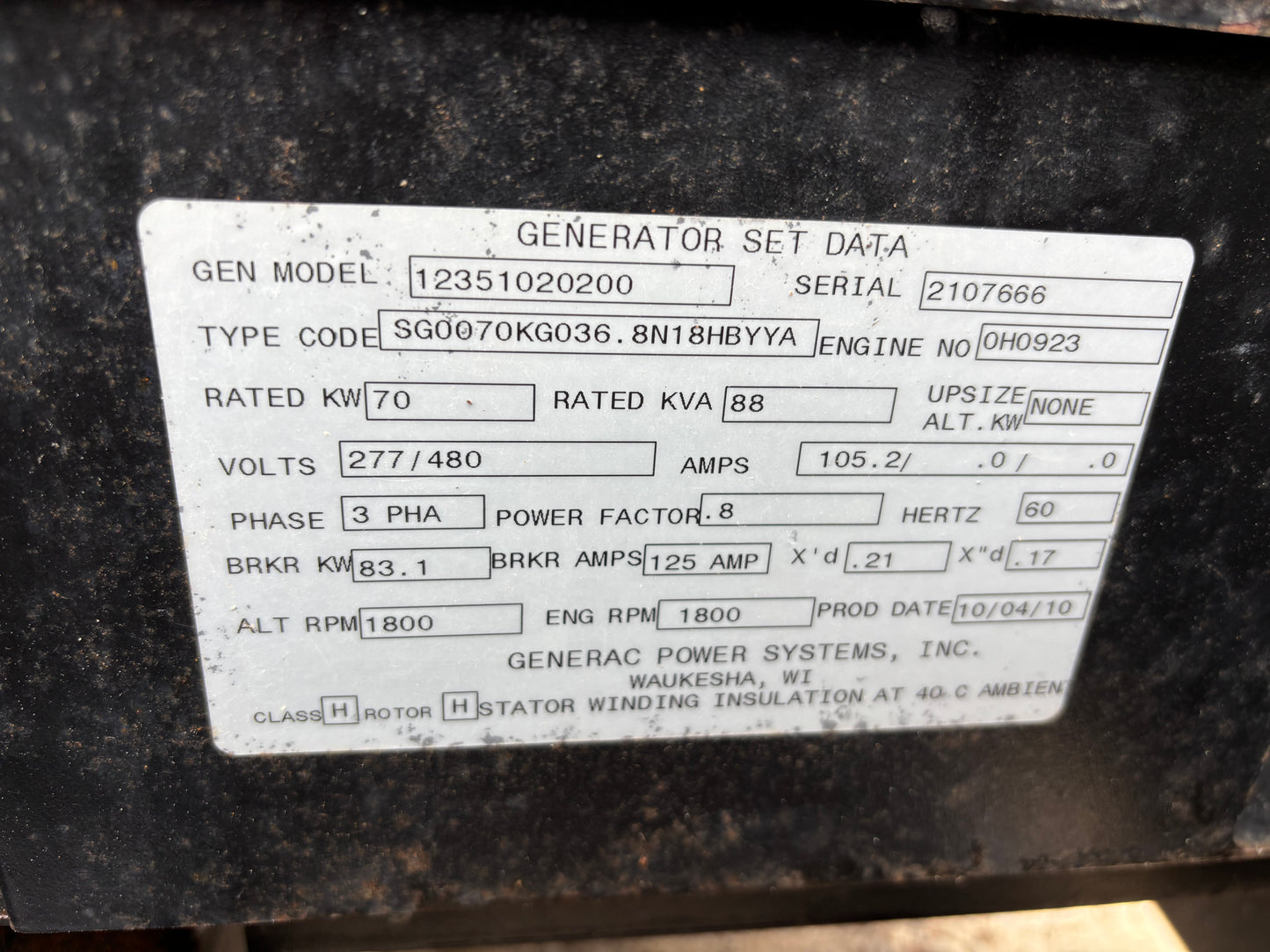 Generac 70kw Natural Gas Generator 480v 832 hours