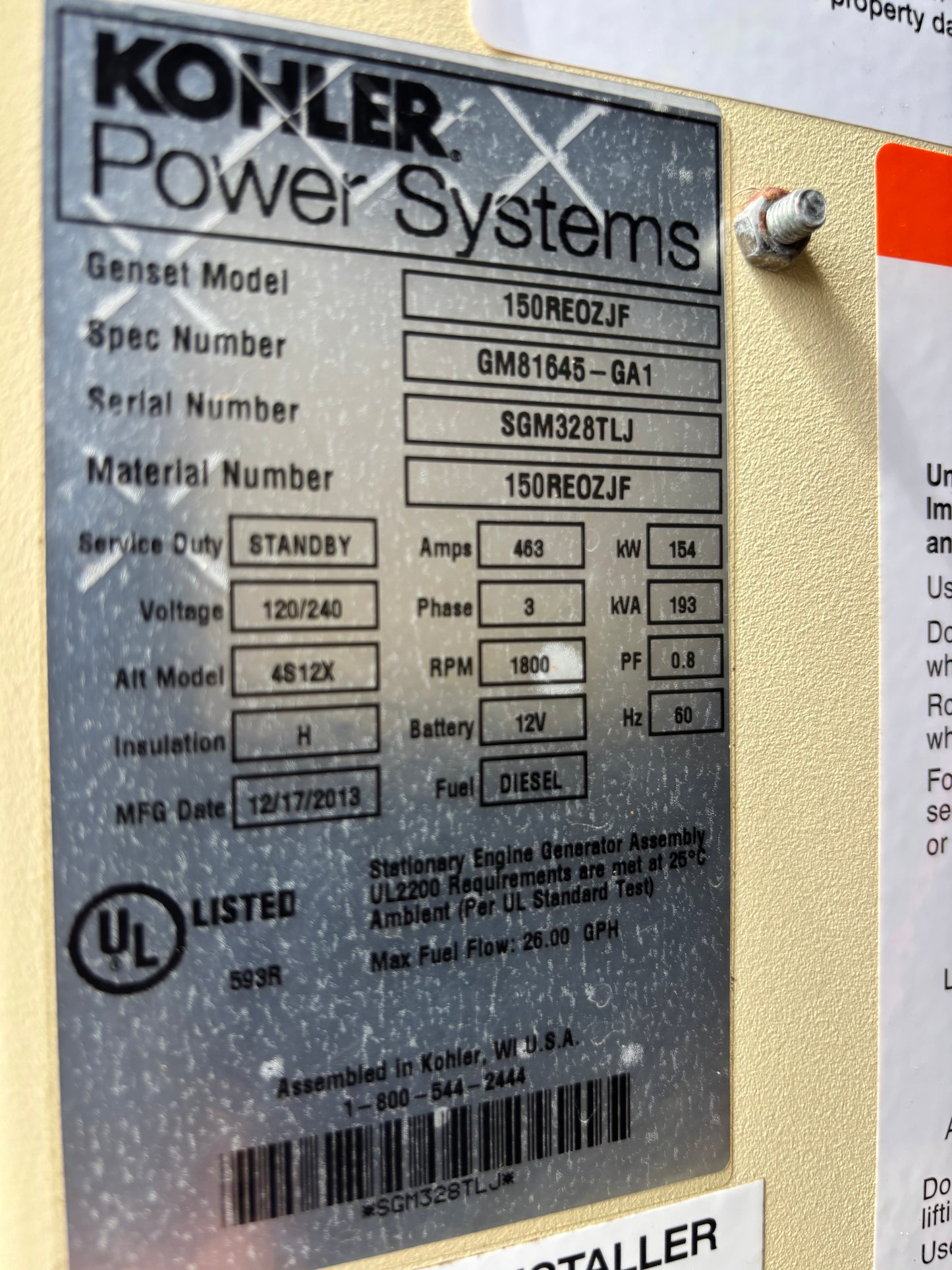Kohler 154kw Diesel Generator 505 Hours